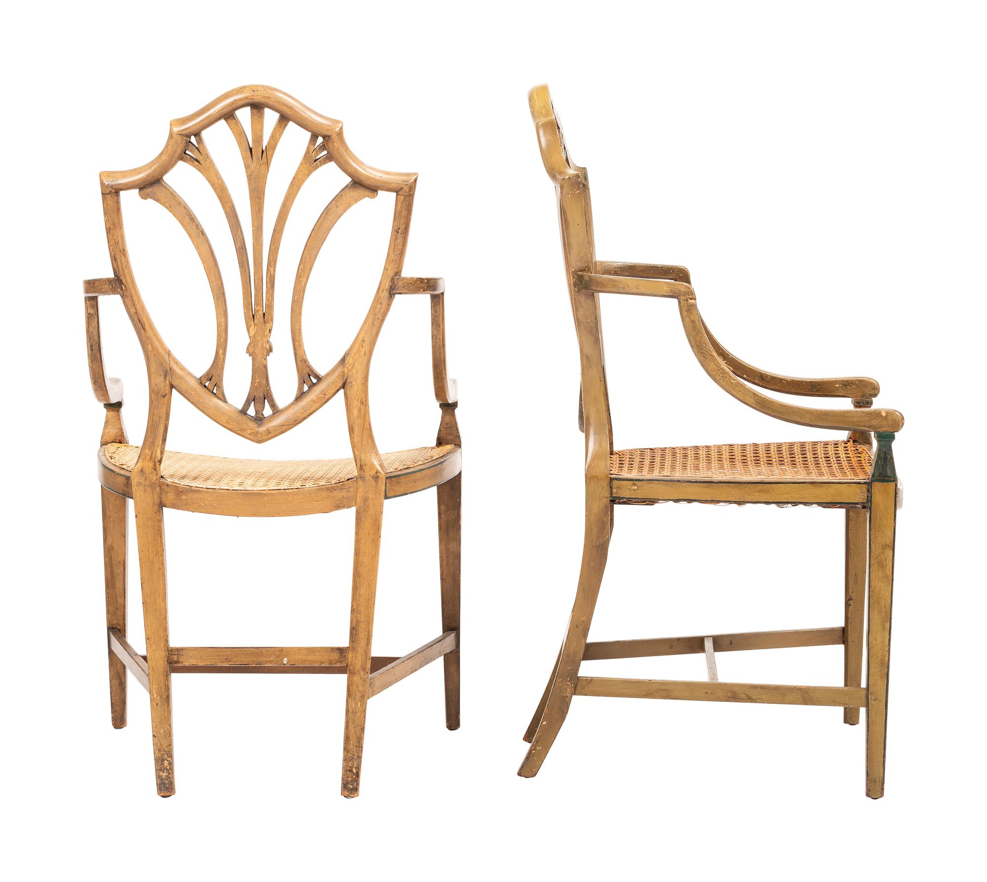 A Pair of George III-Style Polychrome-Painted Shield-Back Armchairs