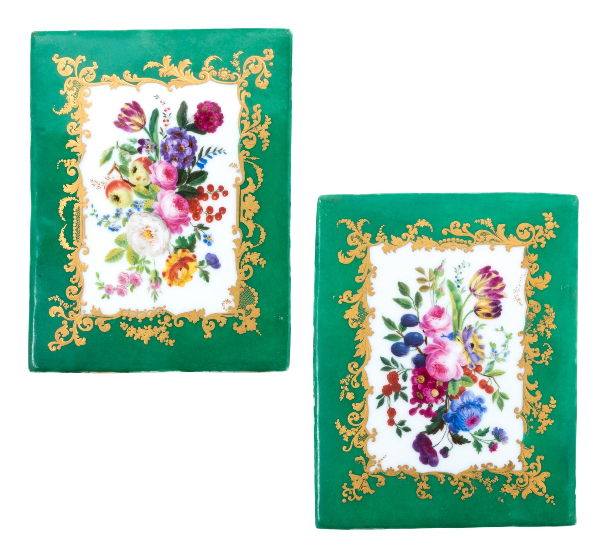 A Pair of Sèvres Style Painted and Parcel Gilt Green-Ground Porcelain Floral Panels