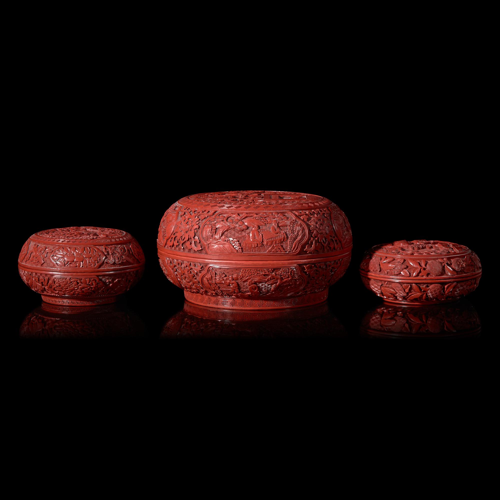 A Group of Three Chinese Cinnabar Lacquer Boxes, Late 19th/20th century 晚清民國 剔紅捧盒三件