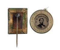[POLITICS]. A group of 2 campaign items promoting George McClellan, incl. stick pin and McClellan and Pendleton back-to-back ferrotype badge. 1864.