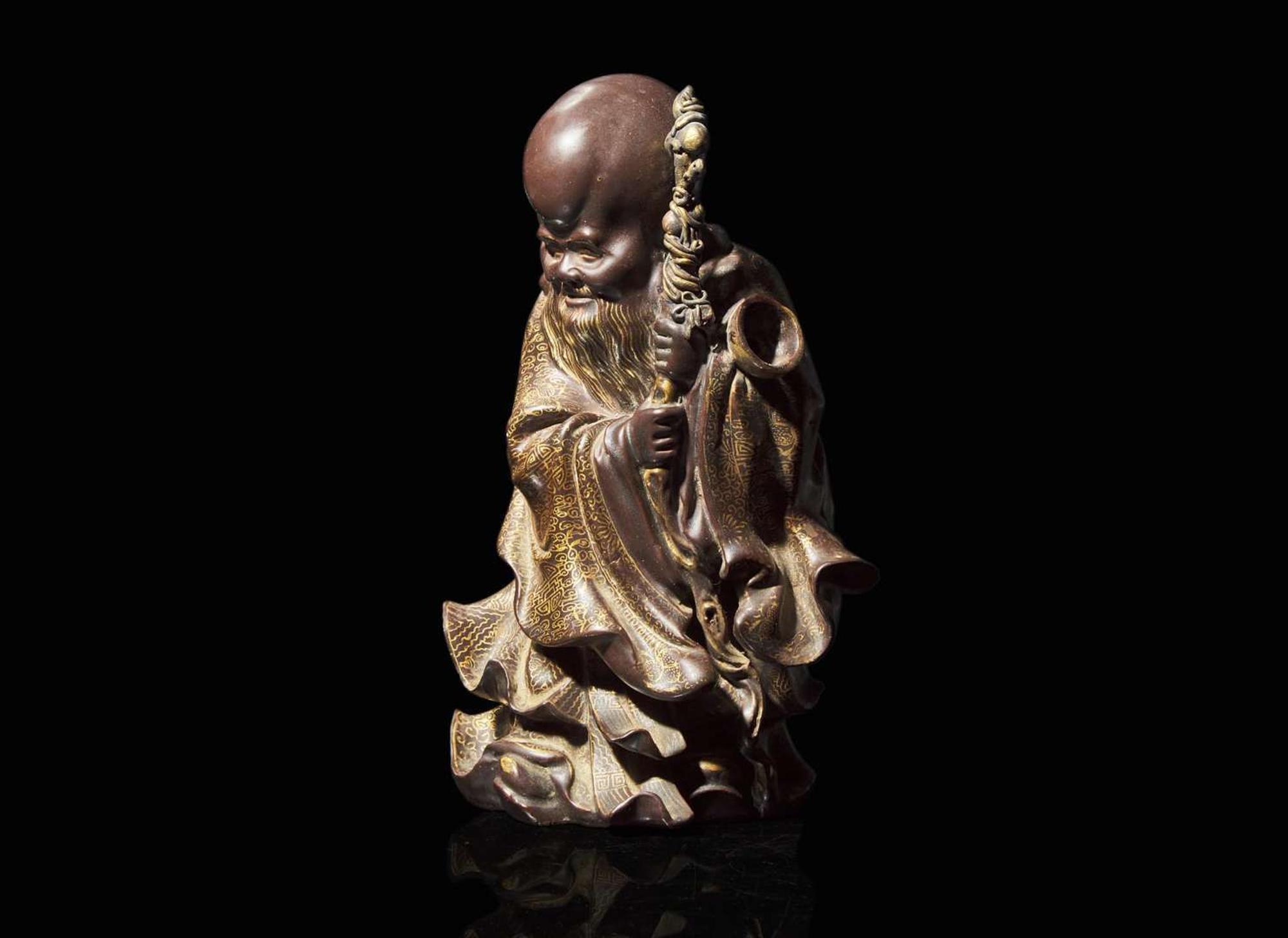 An unusual Chinese porcelain faux bronze "Shoulao" figural censer, attributed to You Changzi 瓷仿銅壽老香爐 游長子署名