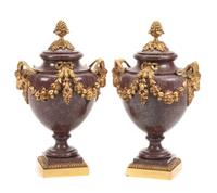 A Pair of French Gilt Bronze Mounted Porphyry Urns Height 23 inches. — 19TH CENTURY