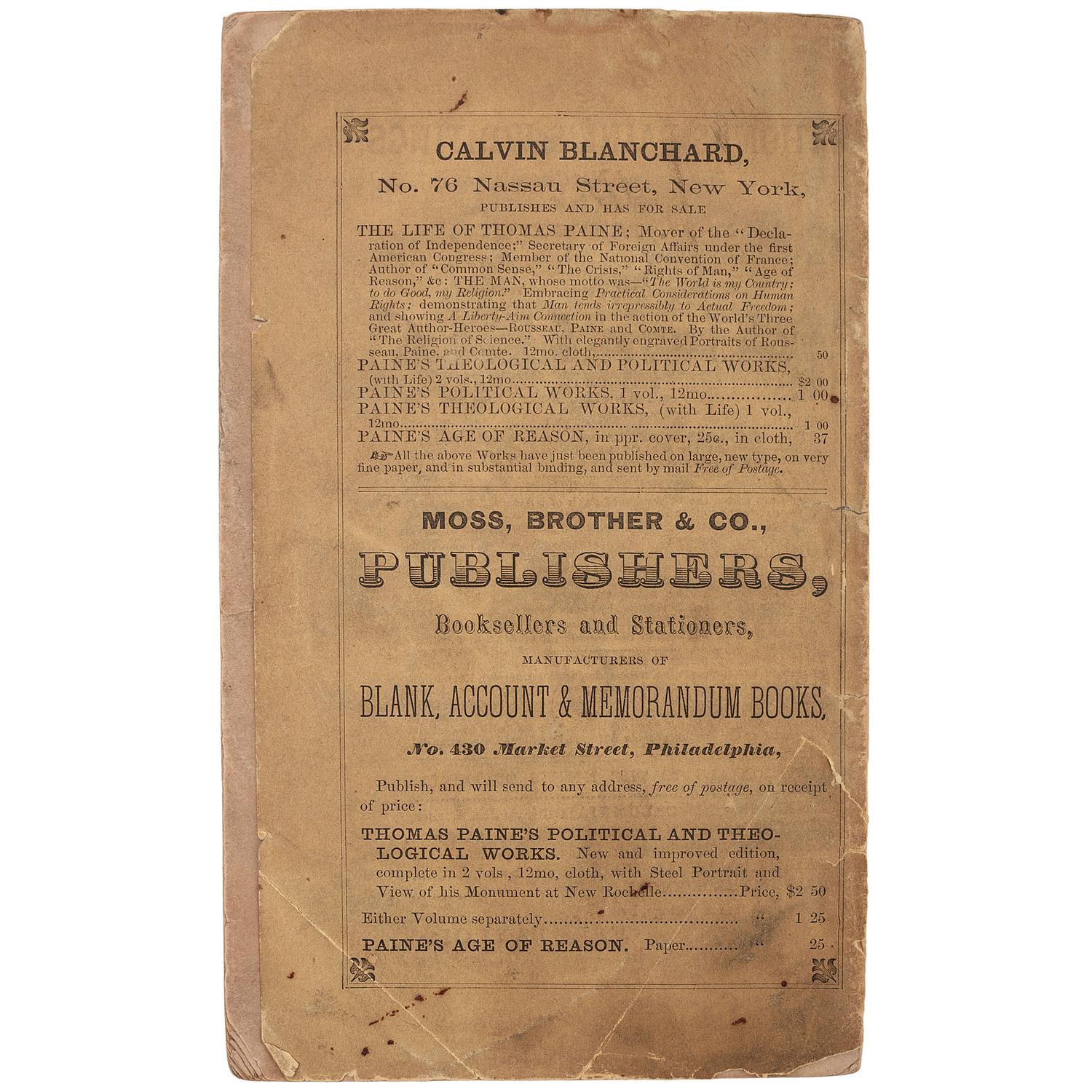 [FIELD II, Eugene, his copy]. MOREAU, Joseph N. Testimonials to the Merits of Thomas Paine. Burlington, NJ: F.L. Taylor, 1861.