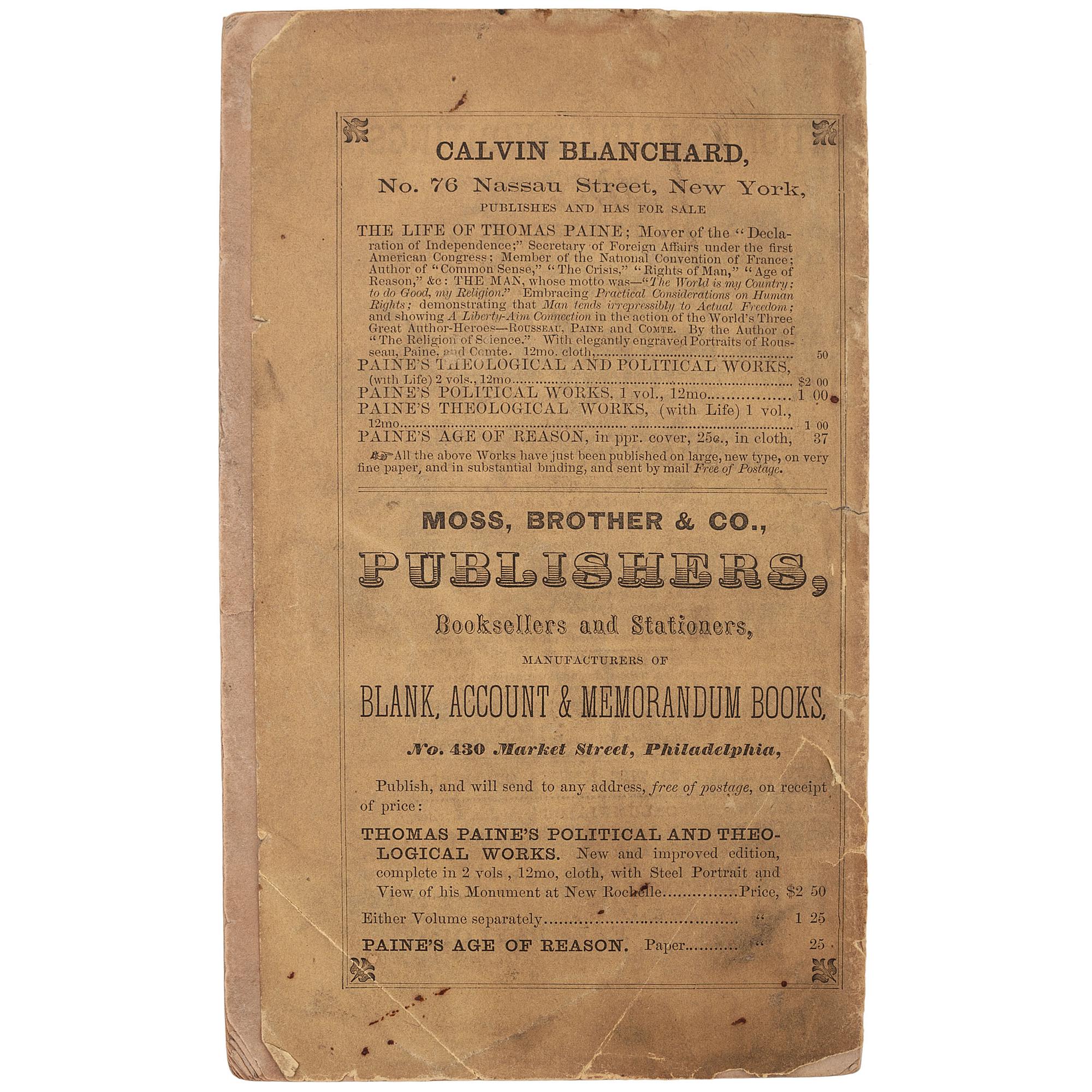 [FIELD II, Eugene, his copy]. MOREAU, Joseph N. Testimonials to the Merits of Thomas Paine. Burlington, NJ: F.L. Taylor, 1861.