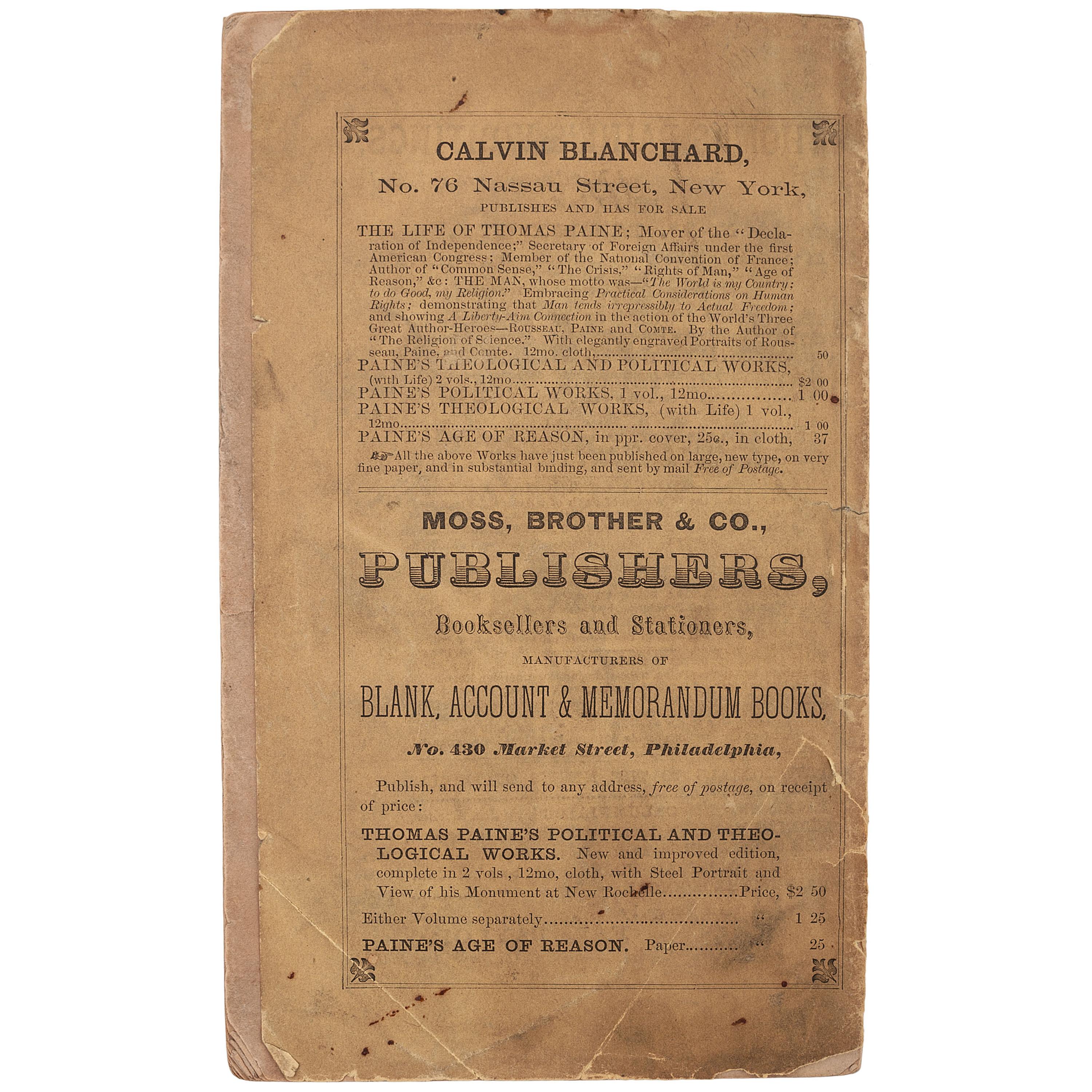 [FIELD II, Eugene, his copy]. MOREAU, Joseph N. Testimonials to the Merits of Thomas Paine. Burlington, NJ: F.L. Taylor, 1861.