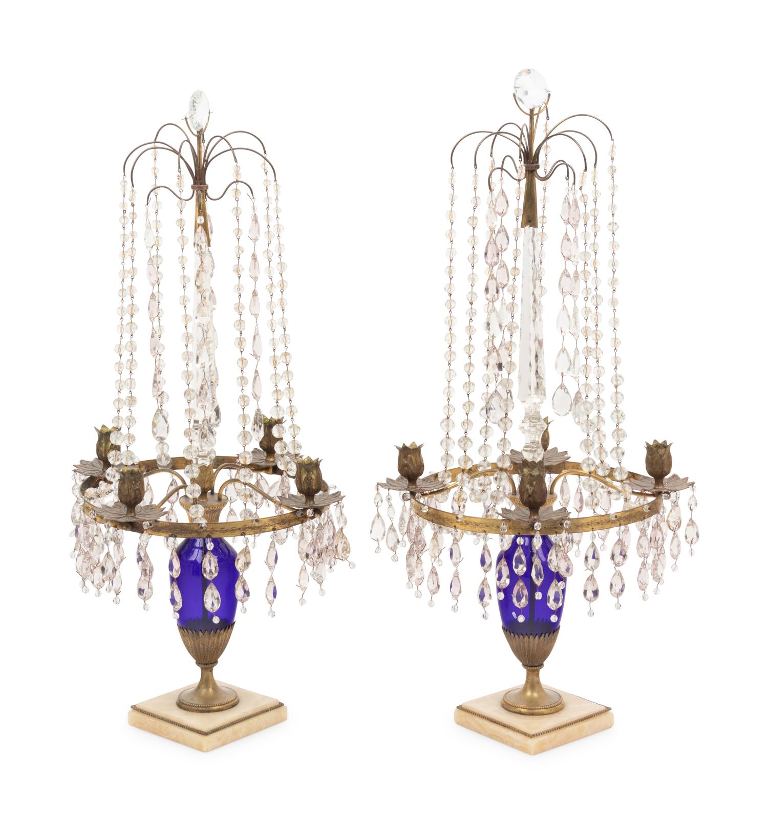 A Pair of Baltic Gilt Metal, Cobalt Glass and Alabaster Four-Light Candelabra