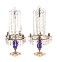 A Pair of Baltic Gilt Metal, Cobalt Glass and Alabaster Four-Light Candelabra