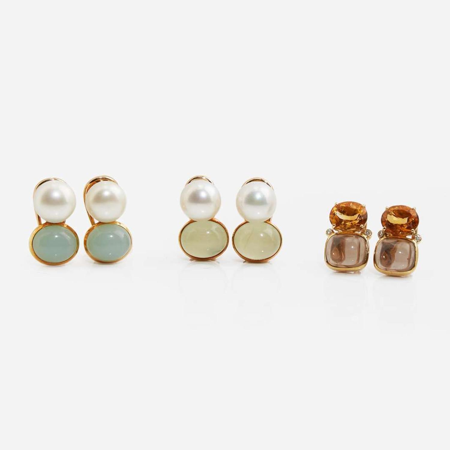 Three Pairs of 18K Yellow Gold and Gem-Set Earrings