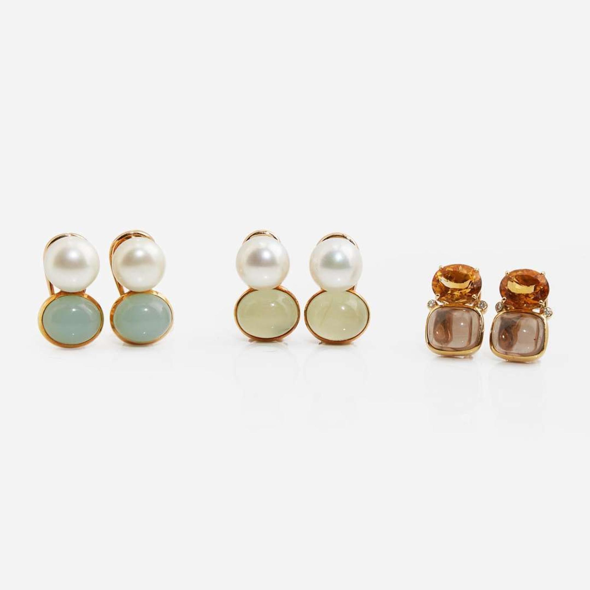 Three Pairs of 18K Yellow Gold and Gem-Set Earrings