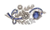 A White Gold, Star Sapphire, Sapphire and Diamond En Tremblant Brooch, 23.80 dwts.