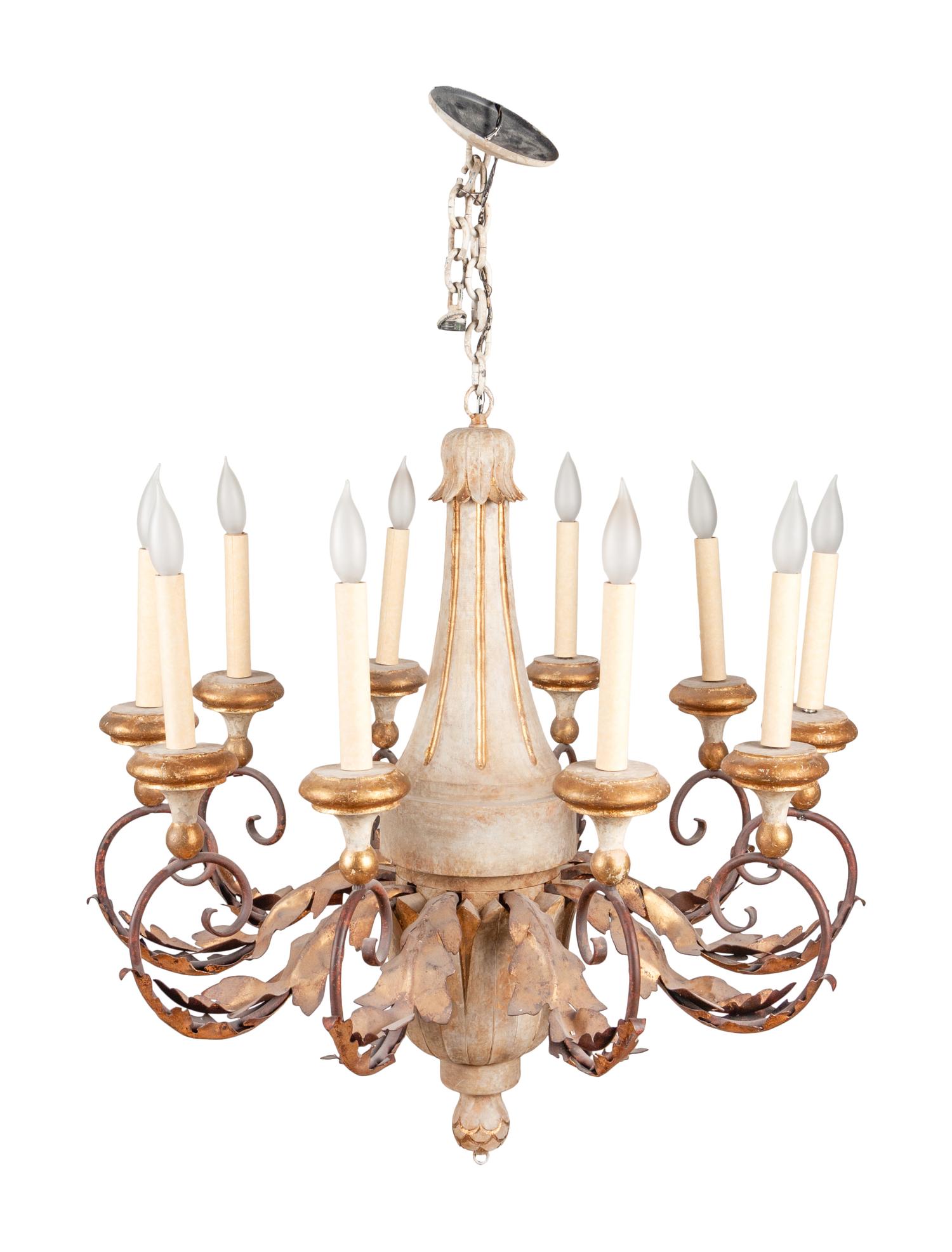 An Italian Painted Wood and Gilt Tole Ten-Light Chandelier