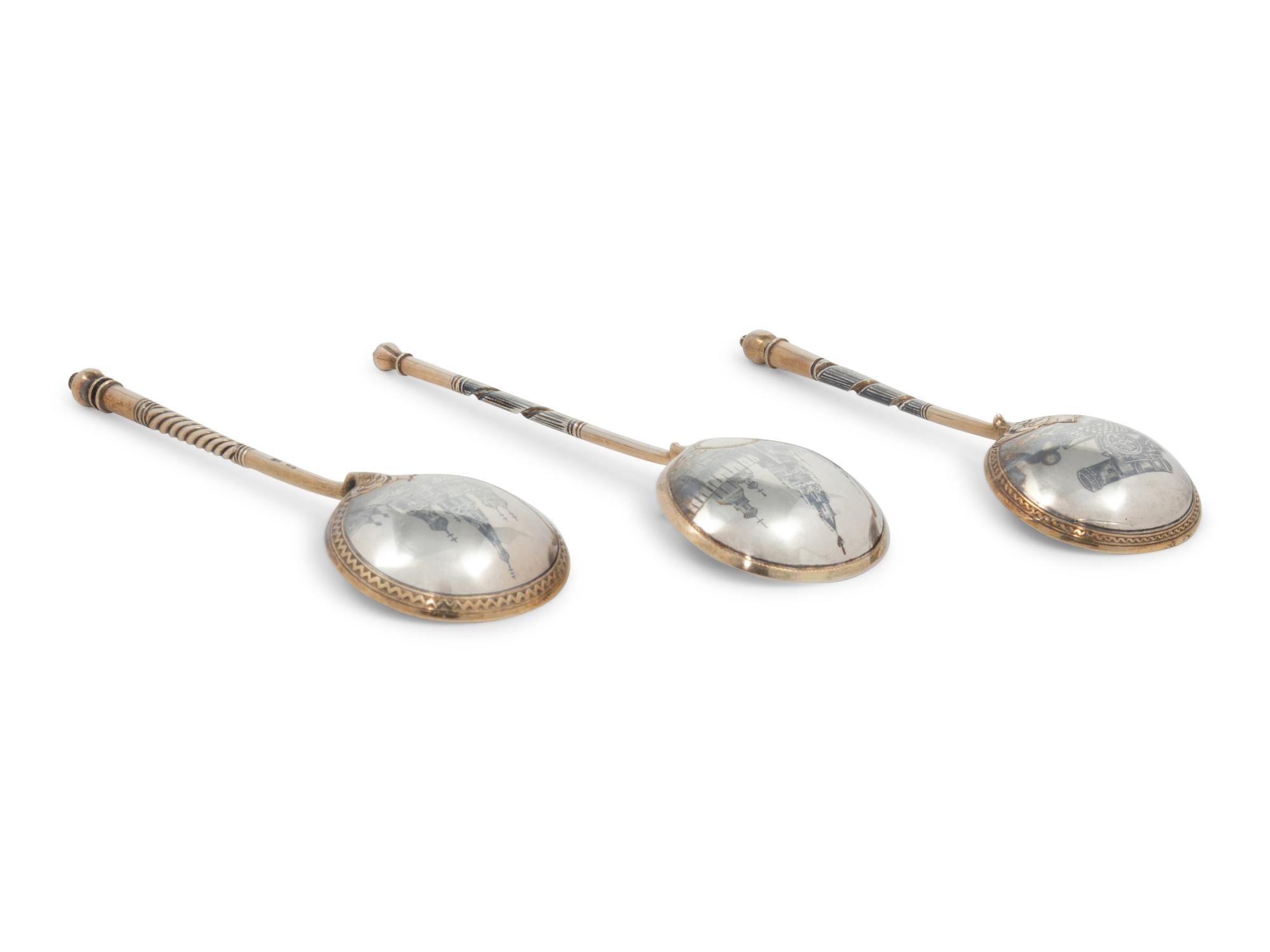 Three Russian Niello Silver Spoons