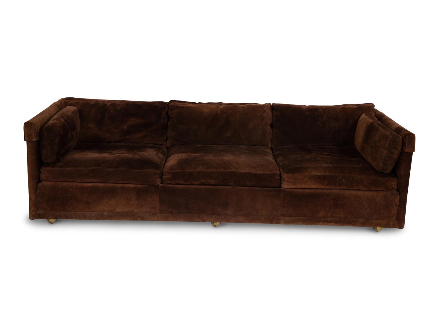 A Chocolate Suede-Upholstered Three-Cushion Sofa
