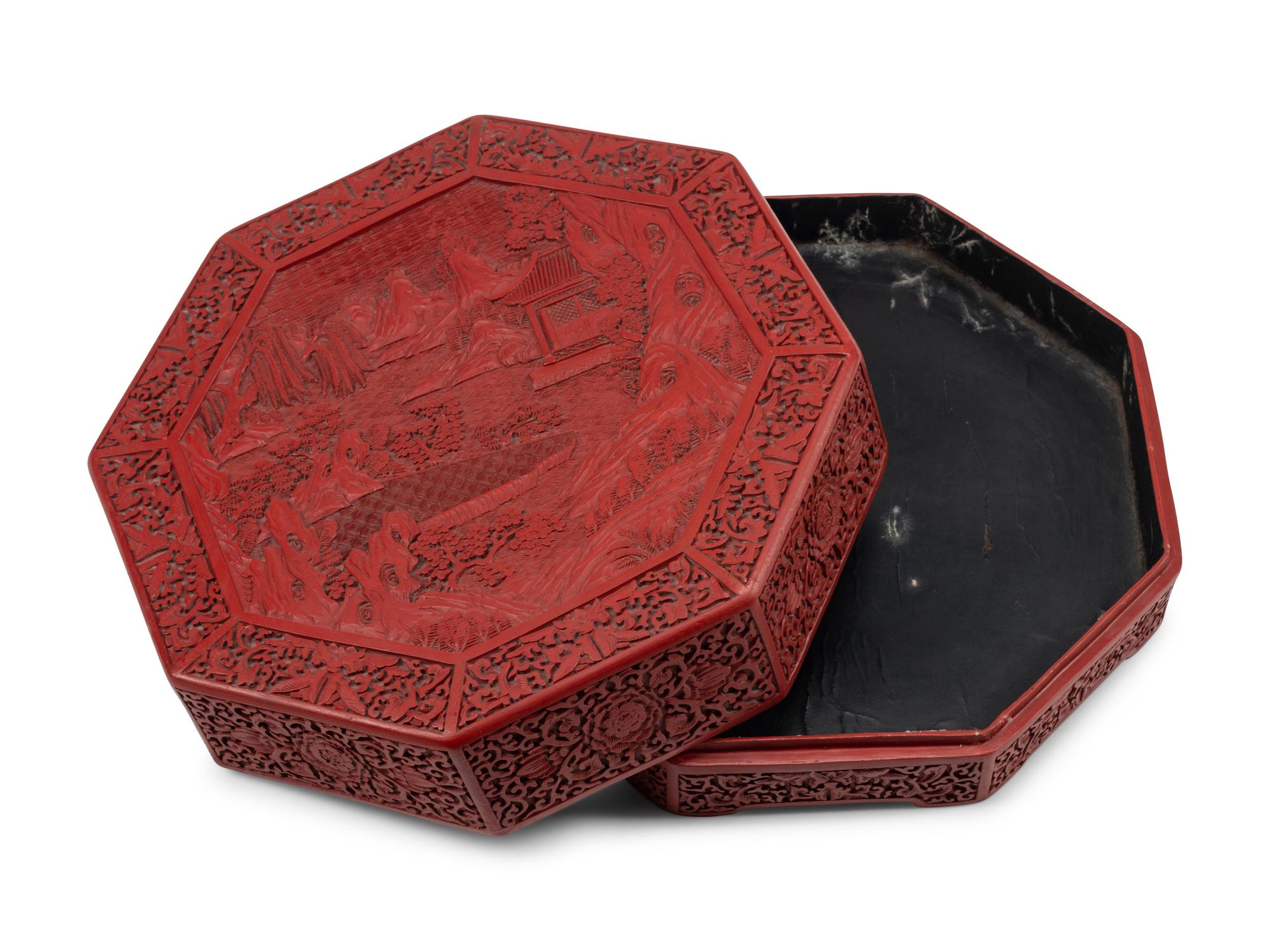 A Chinese Carved Red Lacquer Octagonal Box