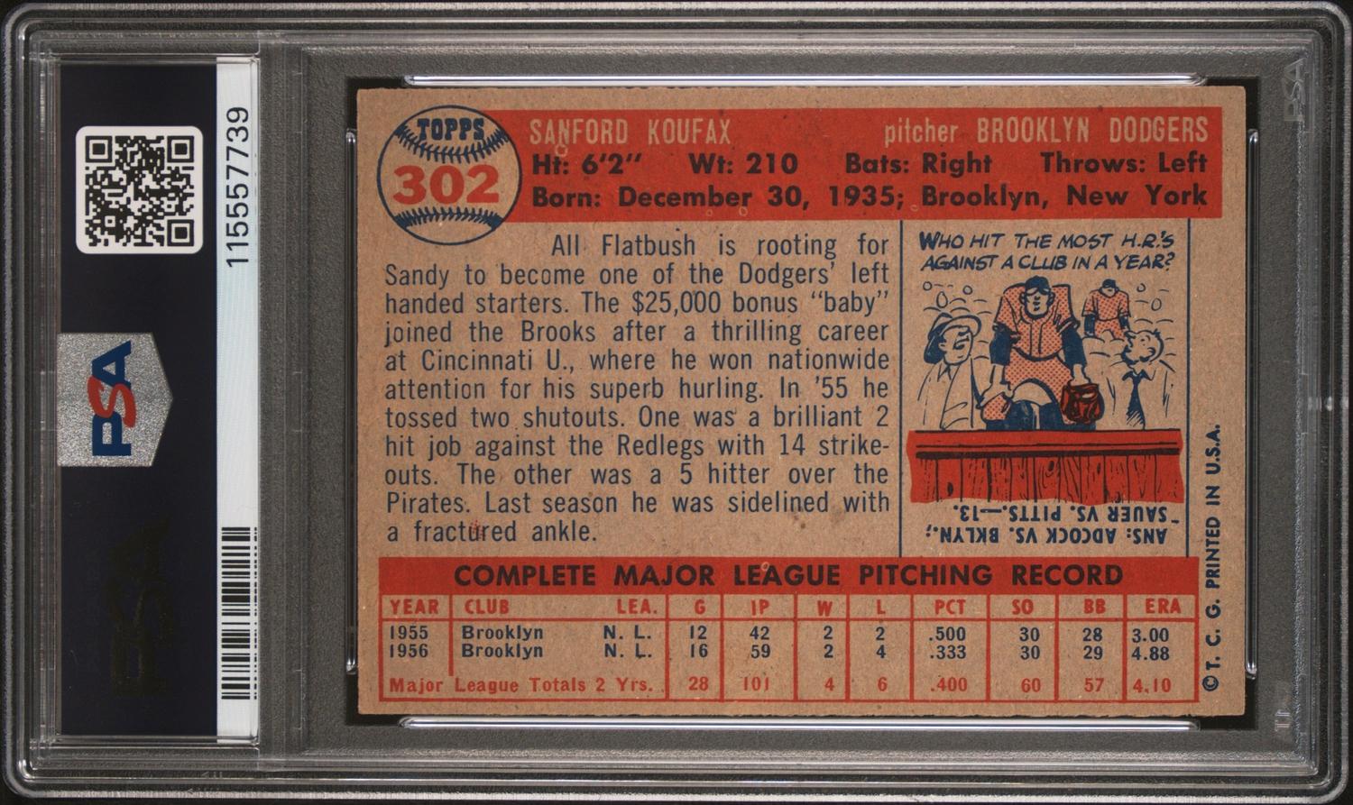 A 1957 Topps Sandy Koufax Baseball Card No. 302 (PSA 6 EX-MT) from The Collection of David Eisenhower