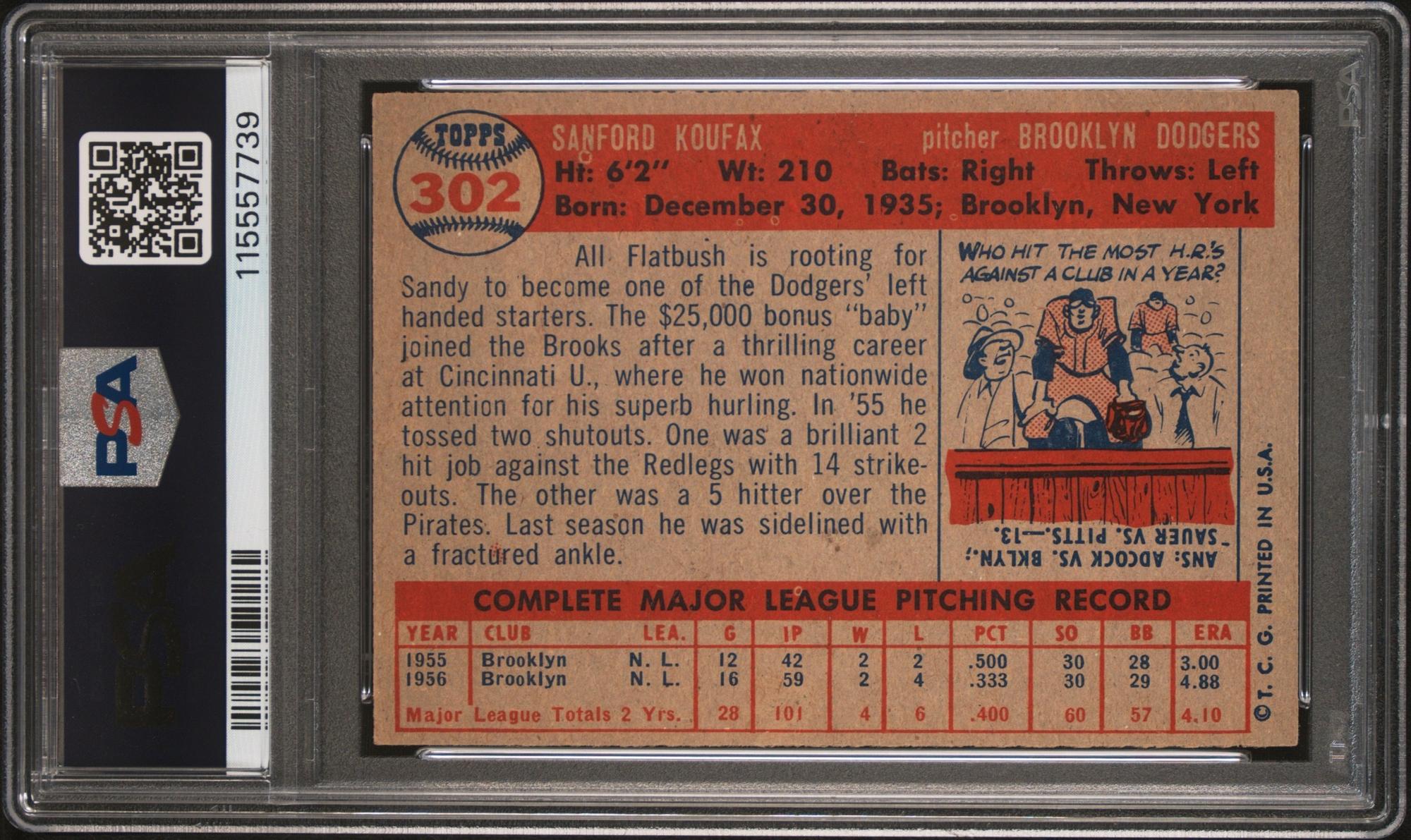 A 1957 Topps Sandy Koufax Baseball Card No. 302 (PSA 6 EX-MT) from The Collection of David Eisenhower