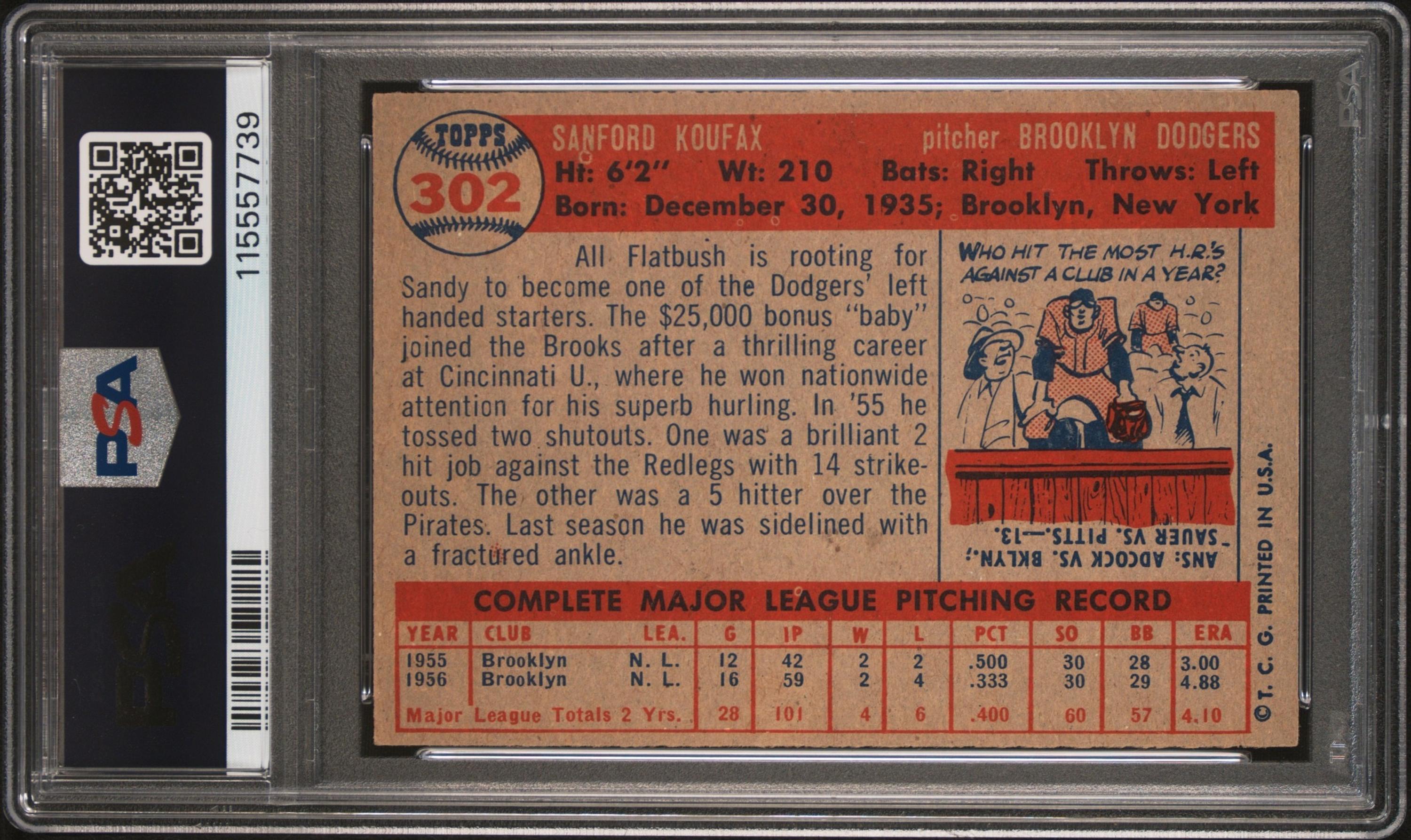 A 1957 Topps Sandy Koufax Baseball Card No. 302 (PSA 6 EX-MT) from The Collection of David Eisenhower
