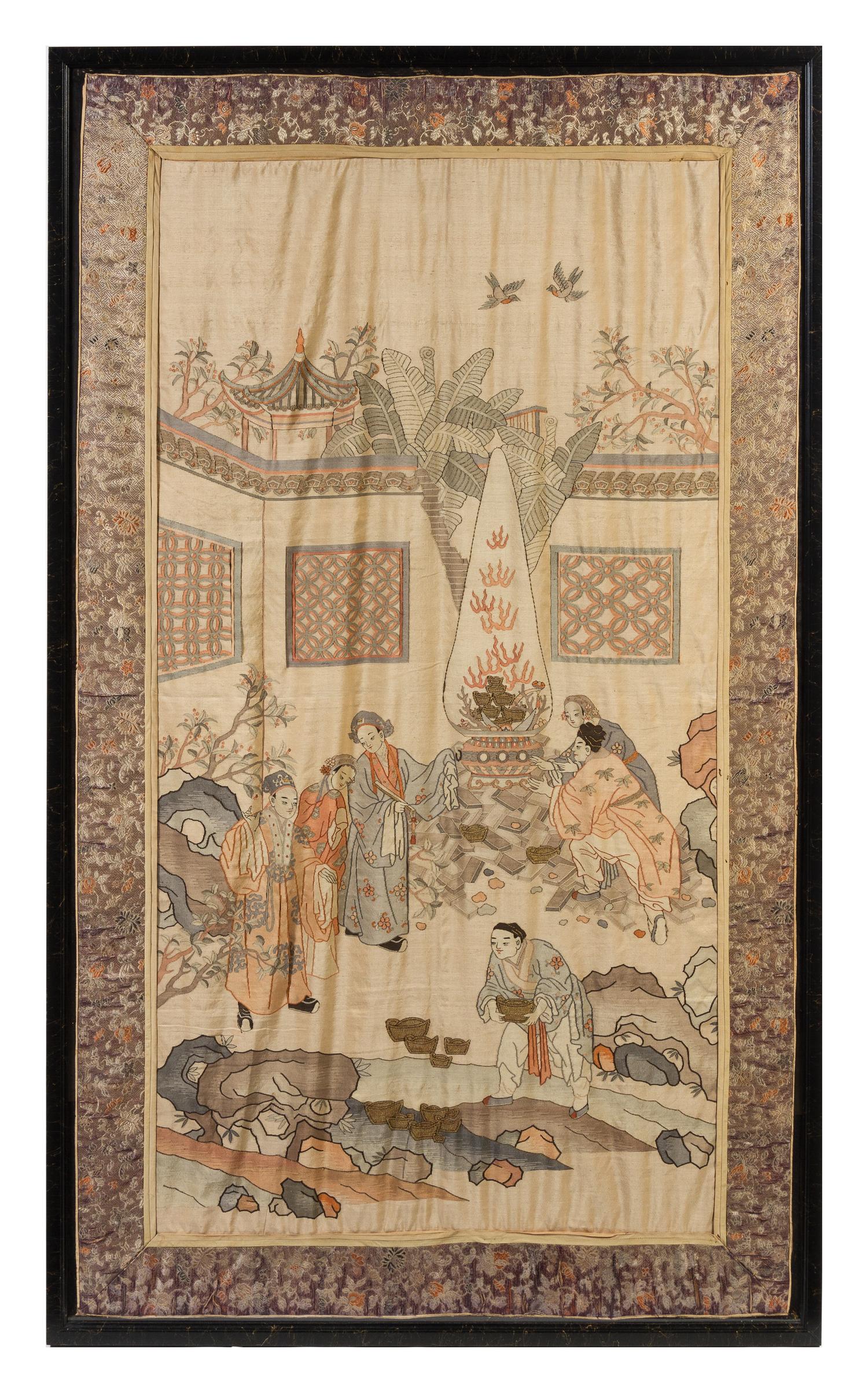 A Large Silk Kesi Panel LIKELY 19TH CENTURY Height of image 57 3/4 x width 34 inches. — LIKELY 19TH CENTURY