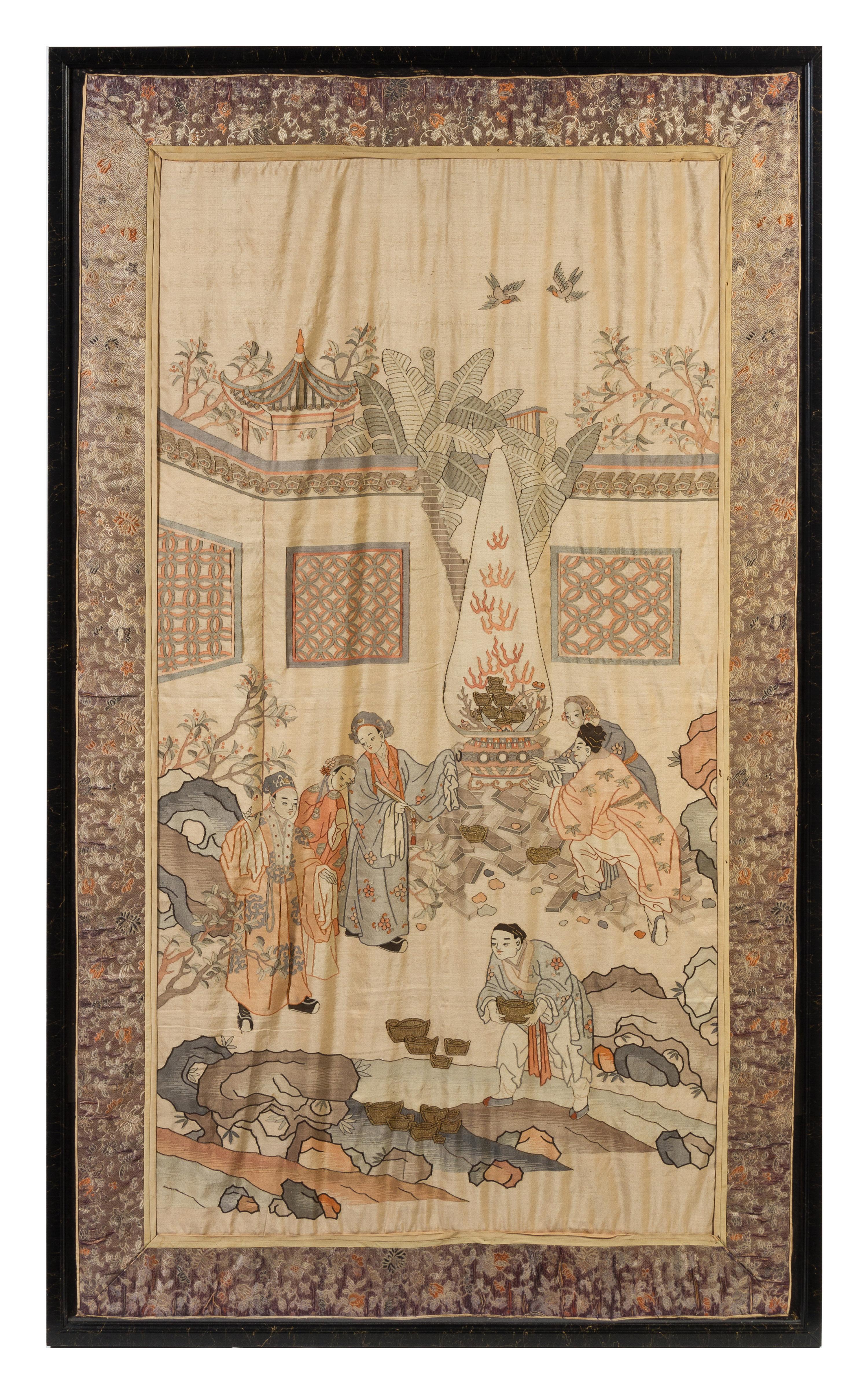 A Large Silk Kesi Panel LIKELY 19TH CENTURY Height of image 57 3/4 x width 34 inches. — LIKELY 19TH CENTURY