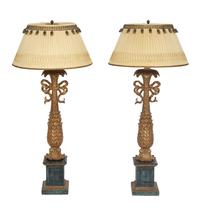 A Pair of XVI Style Carved Giltwood Lamps on Ebonized Pedestal Bases