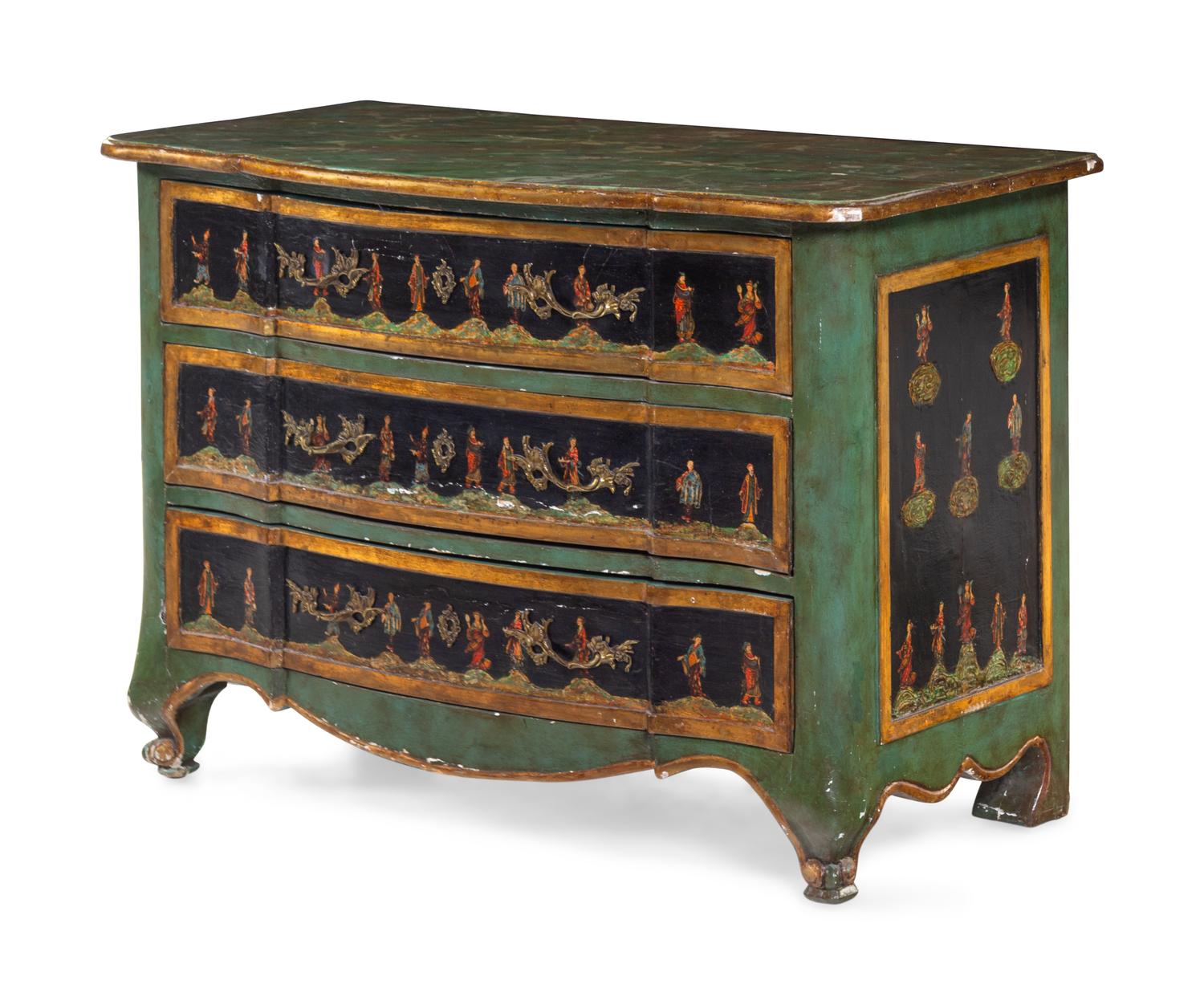 A Continental Chinoiserie Painted Faux Marble-Top Commode