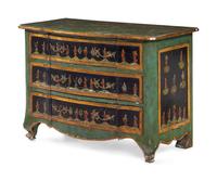 A Continental Chinoiserie Painted Faux Marble-Top Commode