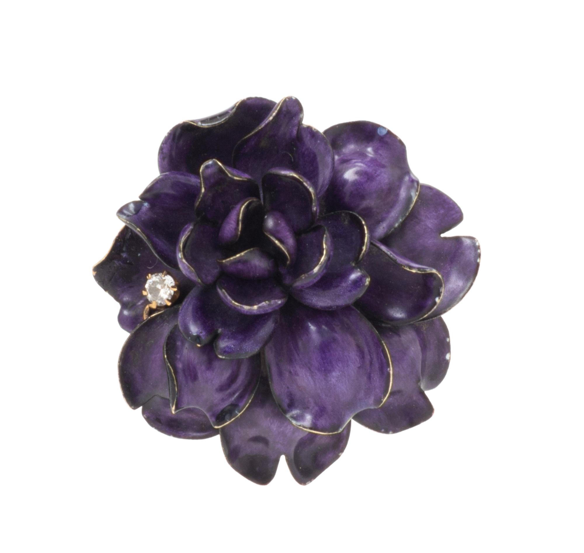 An Art Nouveau 14 Karat Yellow Gold, Enamel and Diamond Flower Pendant/Brooch, 9.70 dwts.