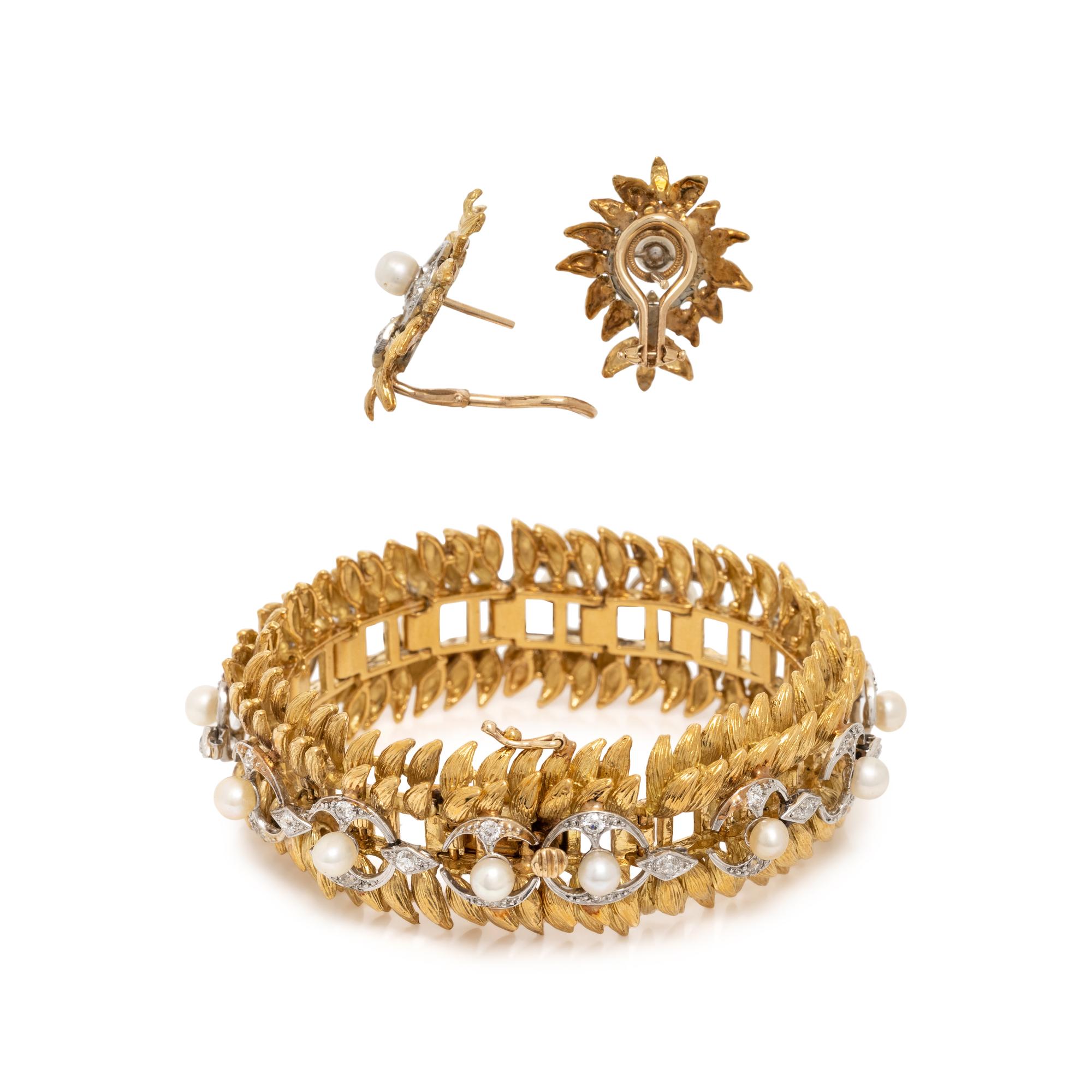 YELLOW GOLD, DIAMOND AND CULTURED PEARL SET