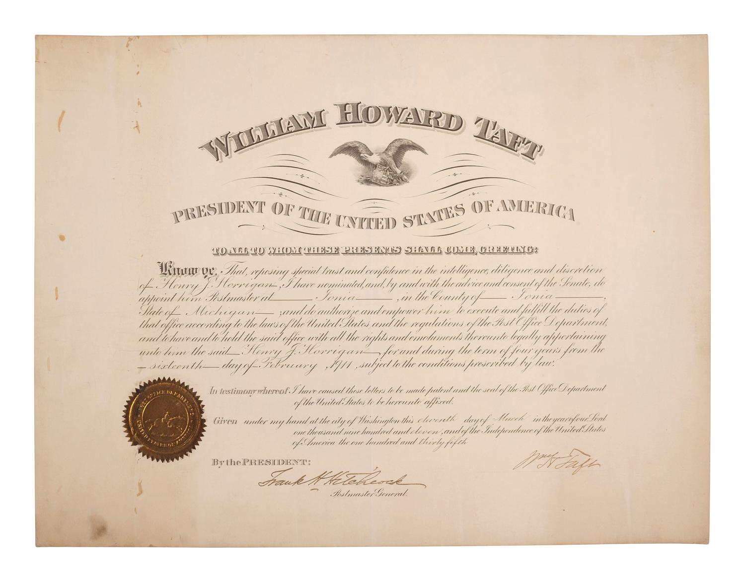 [POLITICS IN AMERICA]. A group of 3 documents signed by Presidents William Howard TAFT, Calvin COOLIDGE, and Gerald FORD.