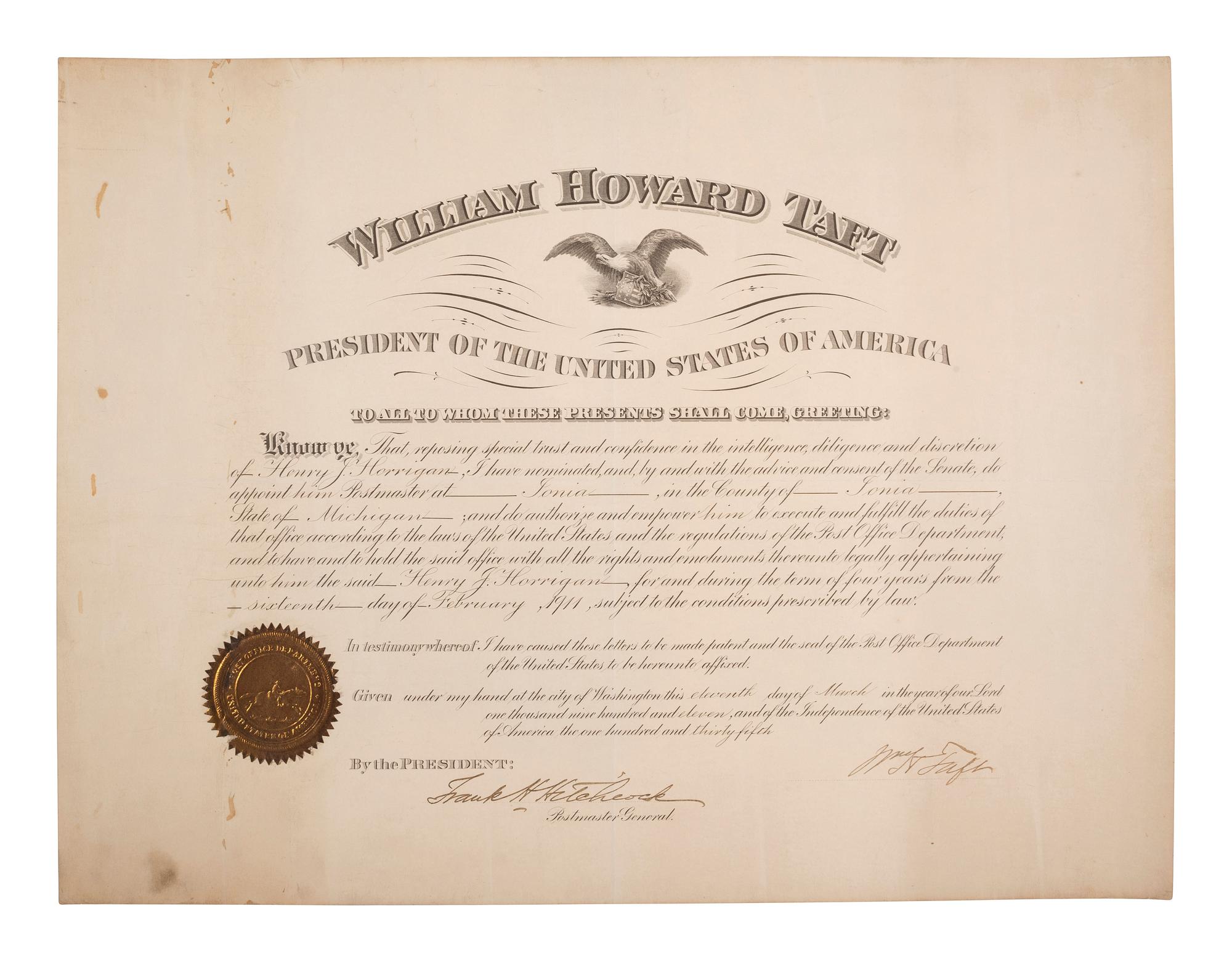 [POLITICS IN AMERICA]. A group of 3 documents signed by Presidents William Howard TAFT, Calvin COOLIDGE, and Gerald FORD.