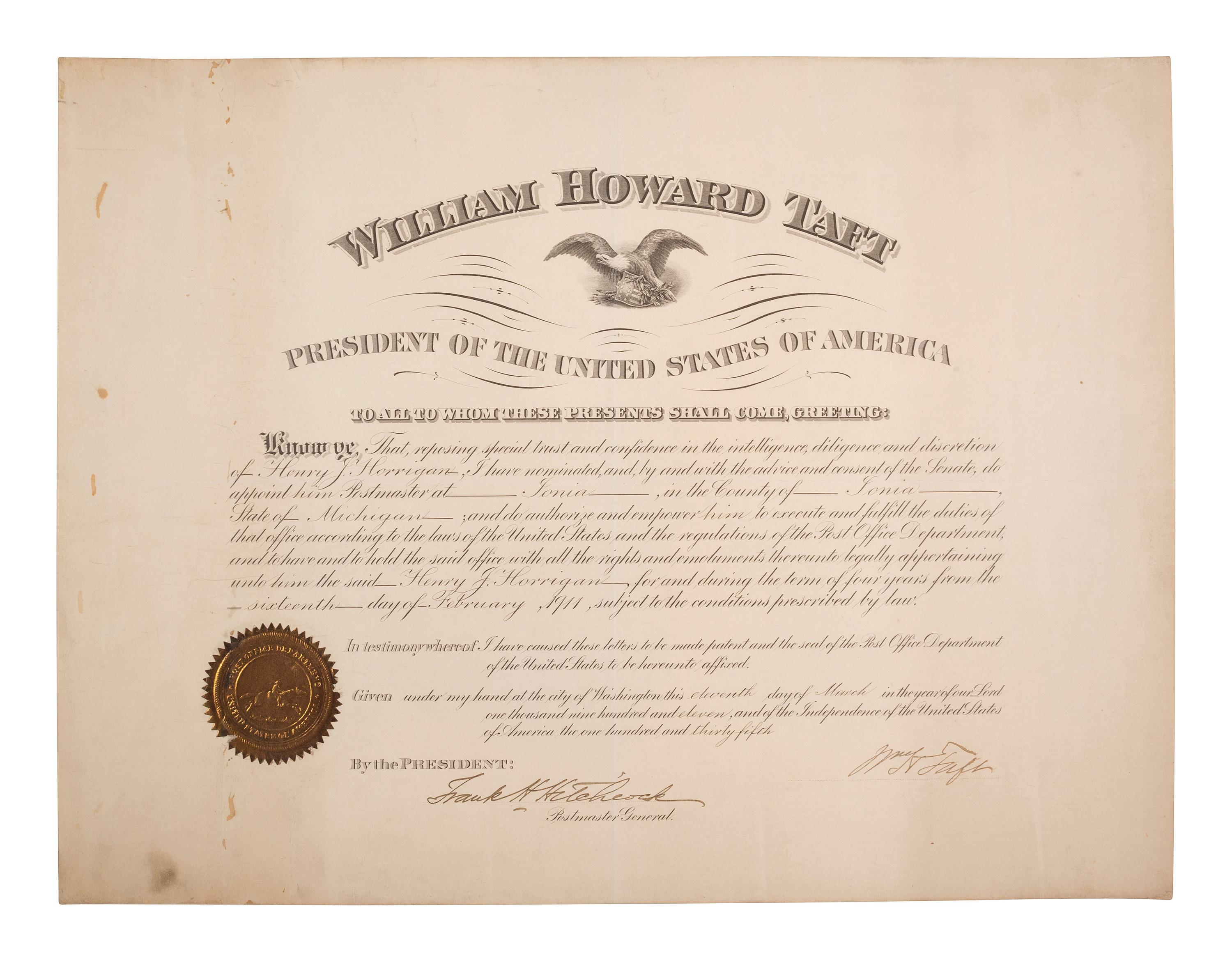 [POLITICS IN AMERICA]. A group of 3 documents signed by Presidents William Howard TAFT, Calvin COOLIDGE, and Gerald FORD.