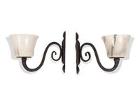 A Set of Four French Art Deco Wrought-Iron and Alabaster Sconces — RAYMOND SUBES, 20TH CENTURY