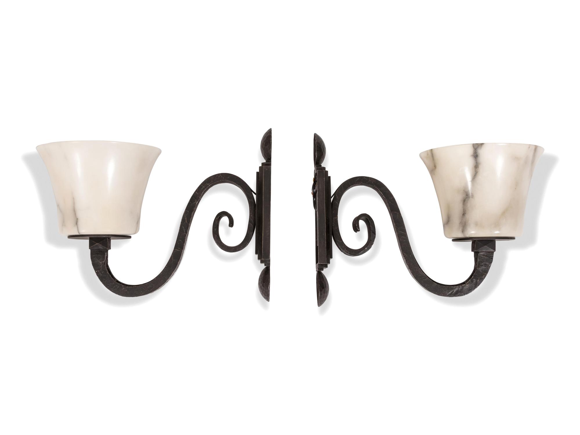 A Set of Four French Art Deco Wrought-Iron and Alabaster Sconces — RAYMOND SUBES, 20TH CENTURY