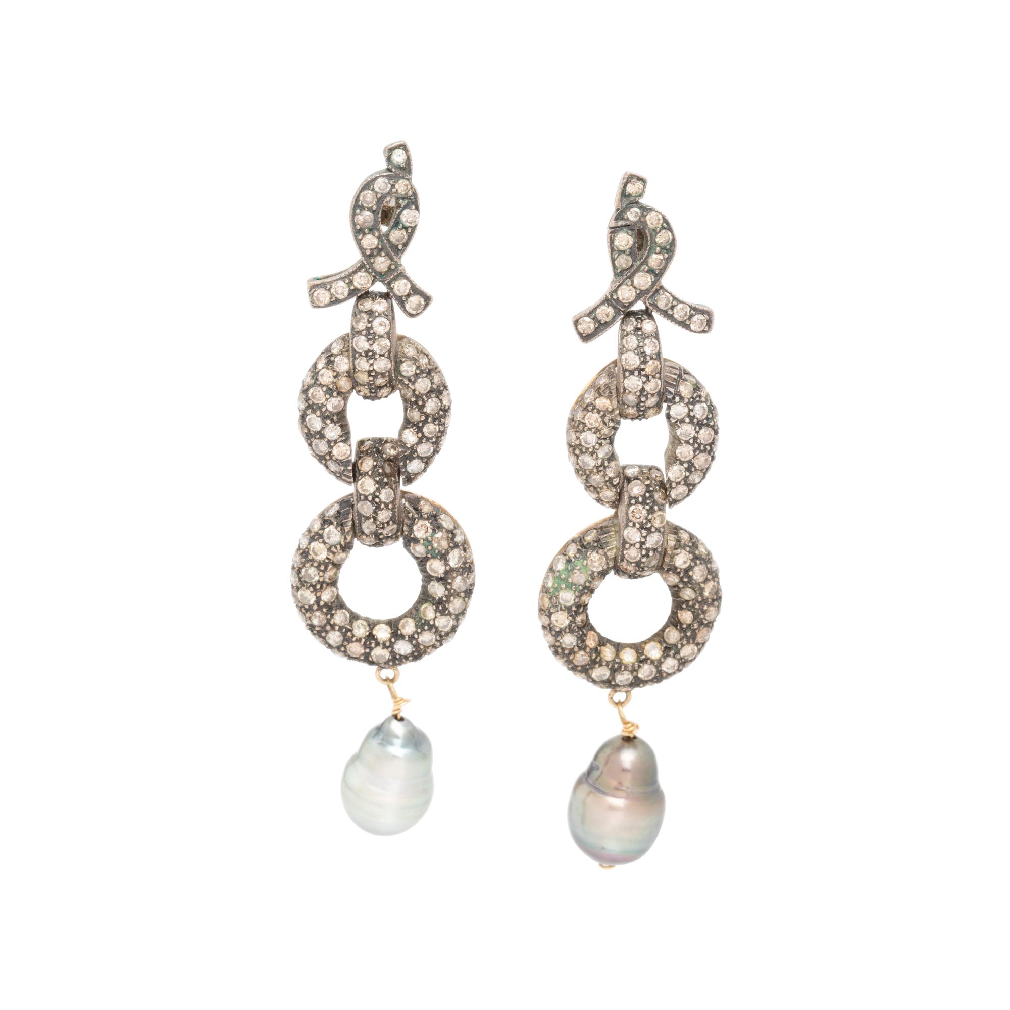 COLORED DIAMOND AND CULTURED TAHITIAN PEARL EARRINGS