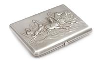 A Russian Silver Cigarette Case, Mark of Ivan Kaltikov, Moscow, the lid with a repousse decorated troika scene, the underside and inter