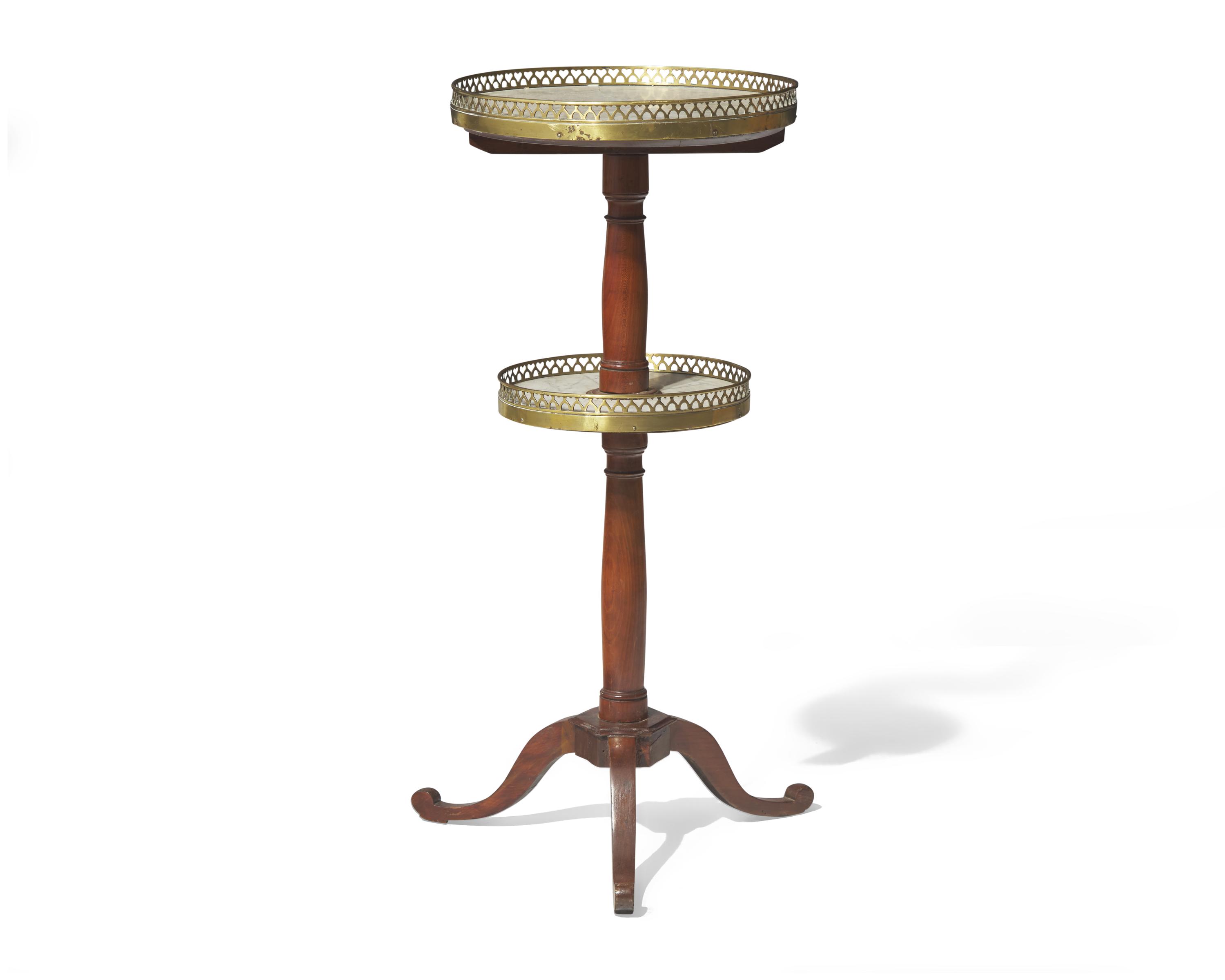 A Louis XVI Two-Tier Fruitwood Stand with White Marble Tops
