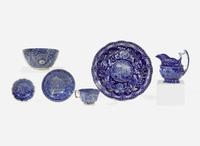 A group of six Staffordshire Historical Blue tablewares, England, first half 19th century