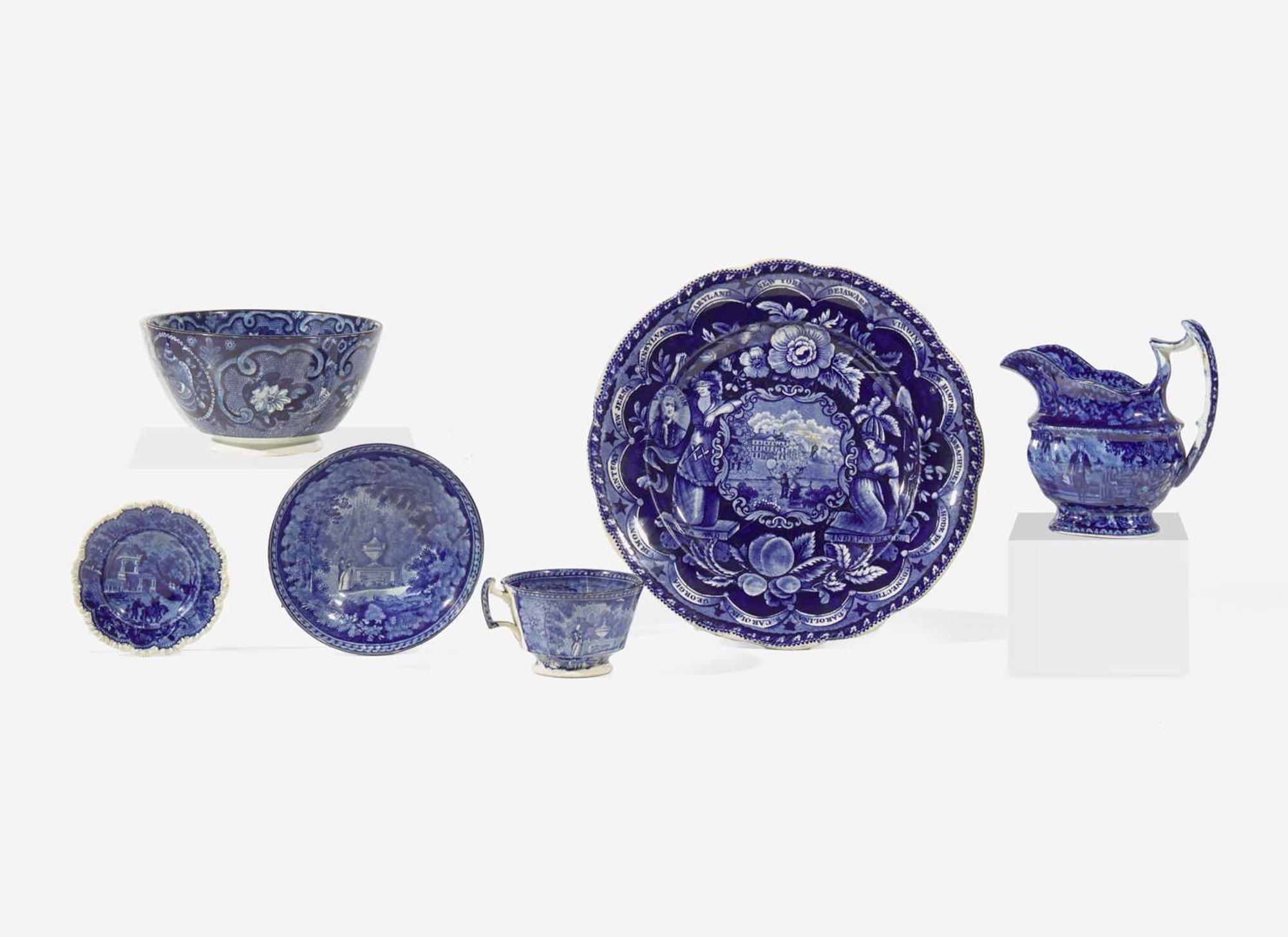 A group of six Staffordshire Historical Blue tablewares, England, first half 19th century