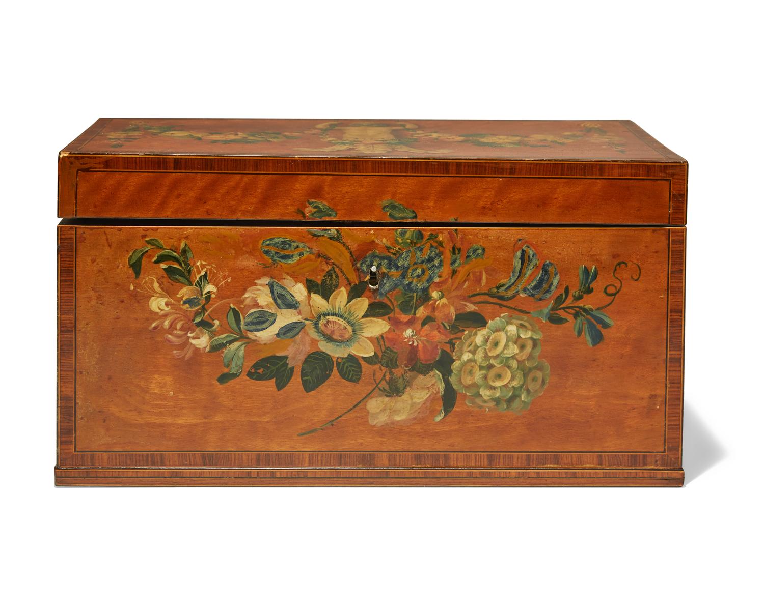A Regency inlaid and paint-decorated satinwood tea caddy, circa 1810