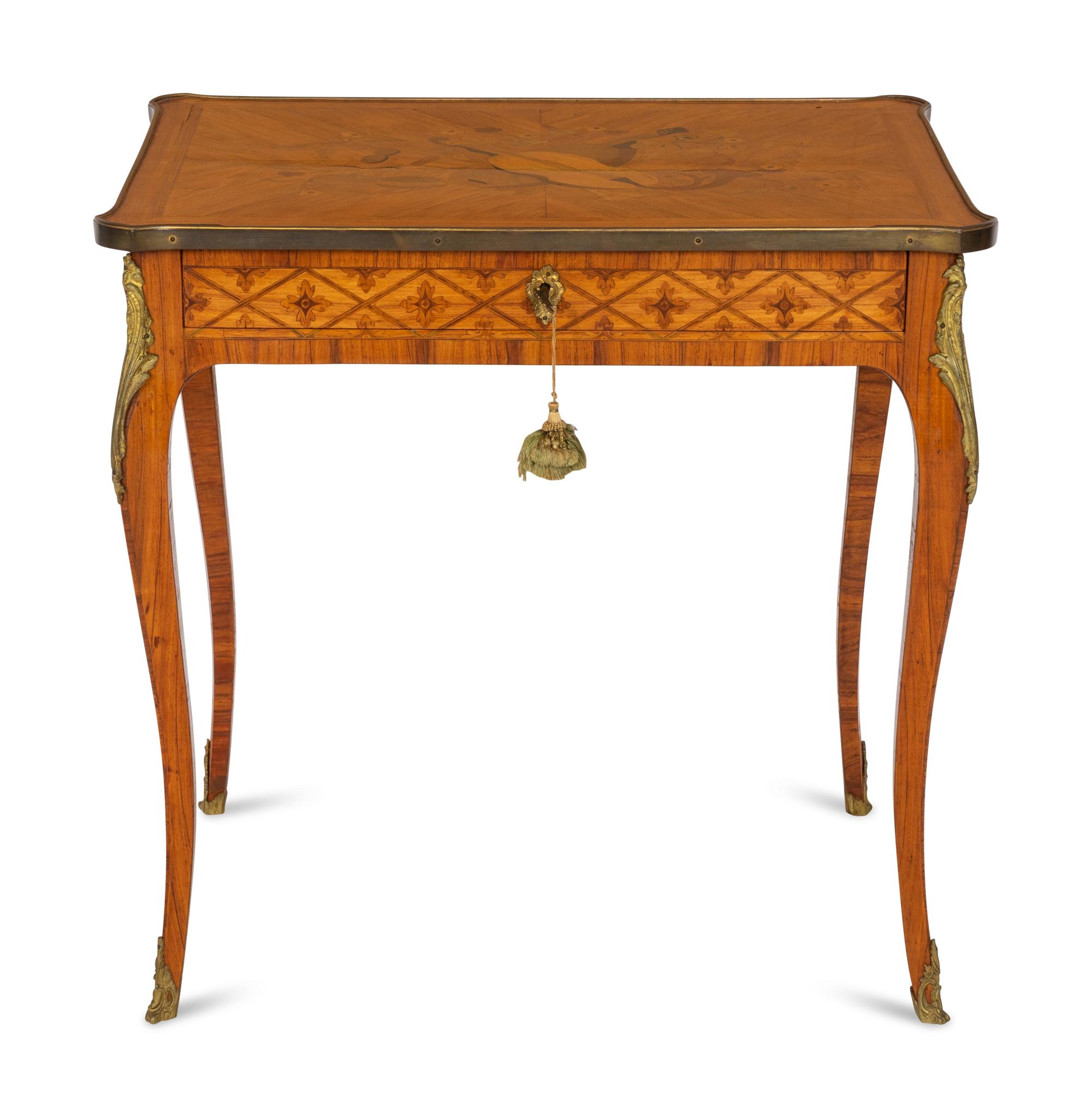 A Louis XV Marquetry Veneered Stand with Gilt Bronze Mounts