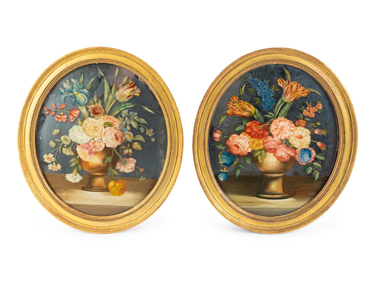 A Pair of English Floral Eglomise Oval Panels — 19TH/20TH CENTURY