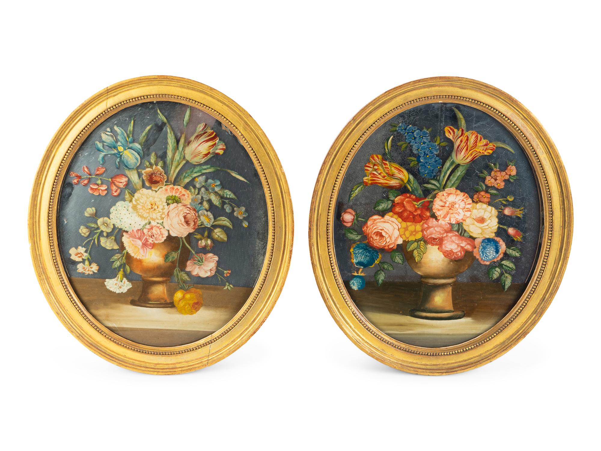 A Pair of English Floral Eglomise Oval Panels — 19TH/20TH CENTURY