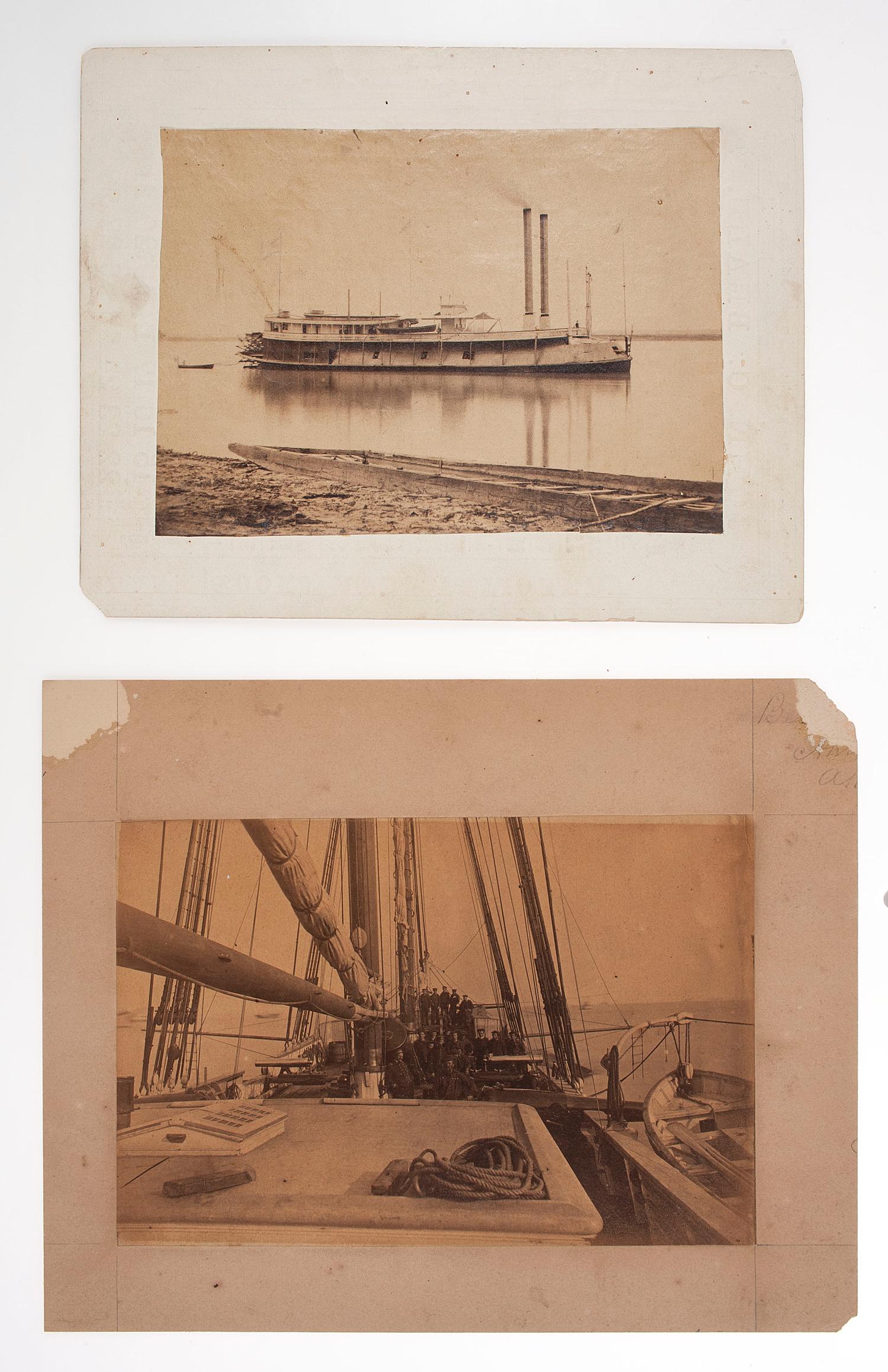 [CIVIL WAR]. A group of 2 albumen photographs of warships, incl. Brown Water Navy tinclad USS St. Clair and shipboard scene.