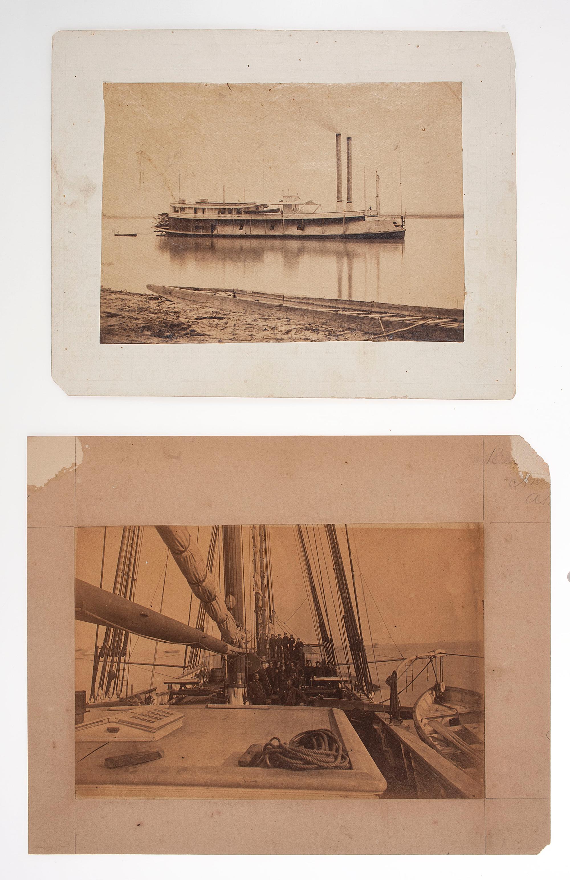 [CIVIL WAR]. A group of 2 albumen photographs of warships, incl. Brown Water Navy tinclad USS St. Clair and shipboard scene.