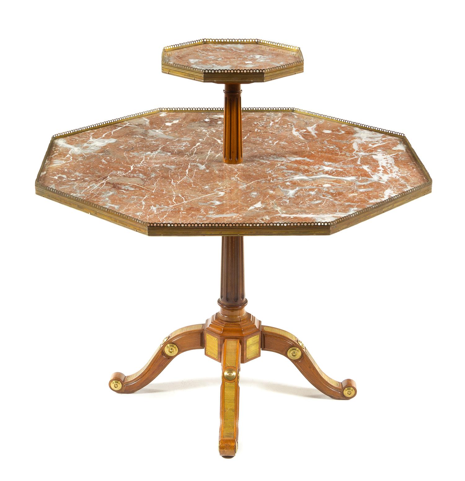 A Regency Style Gilt Bronze Mounted Mahogany and Marble Two-Tier Table Height 37 x width 36 1/2 inches. — BRUNOVAN INC., 20TH CENTURY