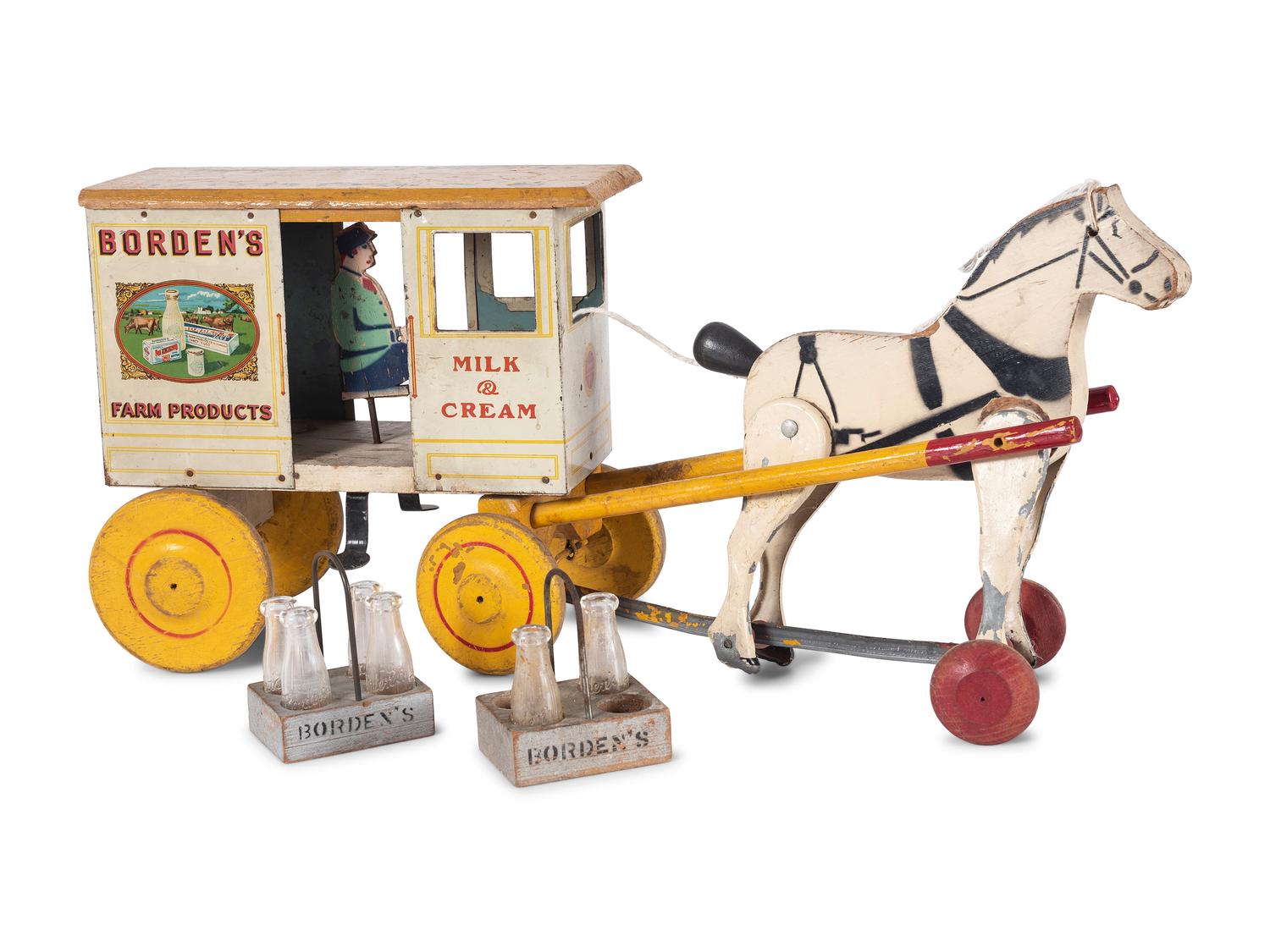 Two Borden’s Painted Wood and Lithographed Horse Drawn Milk Carriages