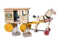 Two Borden’s Painted Wood and Lithographed Horse Drawn Milk Carriages