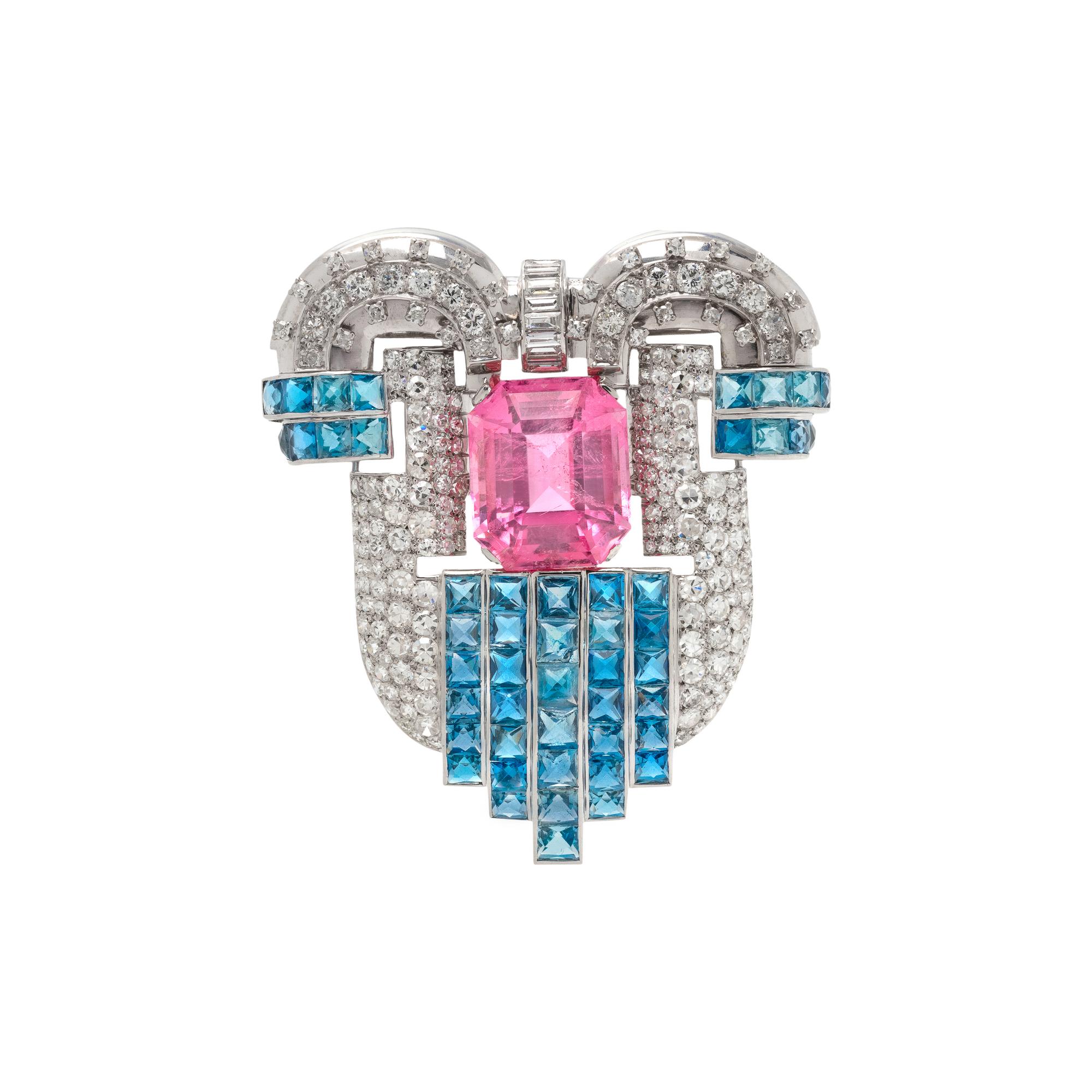 PINK TOURMALINE, AQUAMARINE AND DIAMOND BROOCH