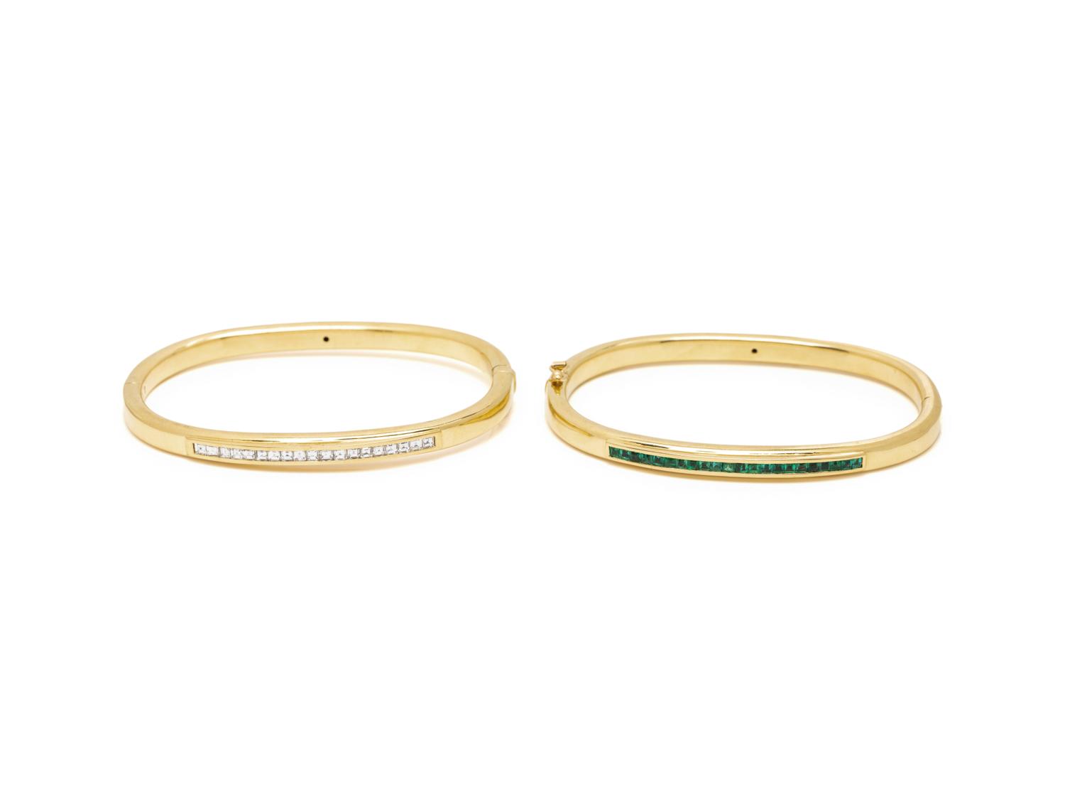 PAIR OF YELLOW GOLD AND GEMSTONE BANGLE BRACELETS
