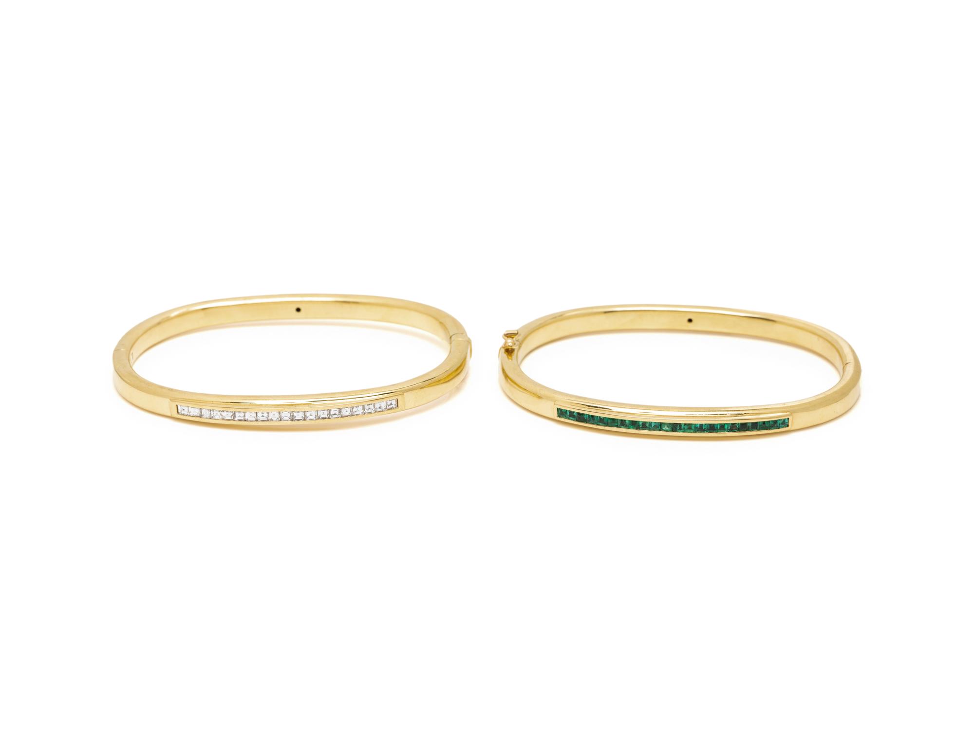 PAIR OF YELLOW GOLD AND GEMSTONE BANGLE BRACELETS